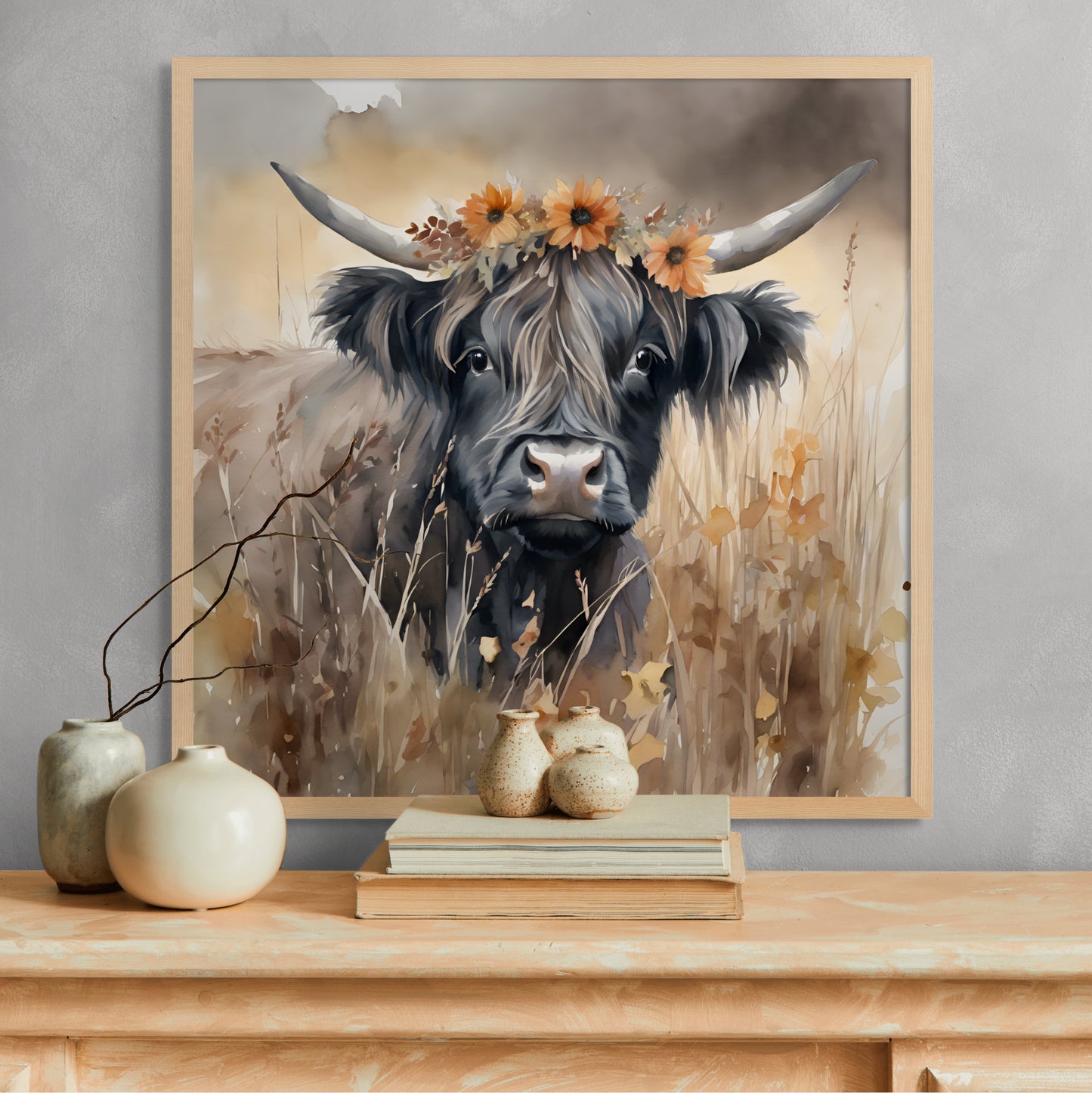 Ready to hang Canvas of a black highland cow in a fall flower crown