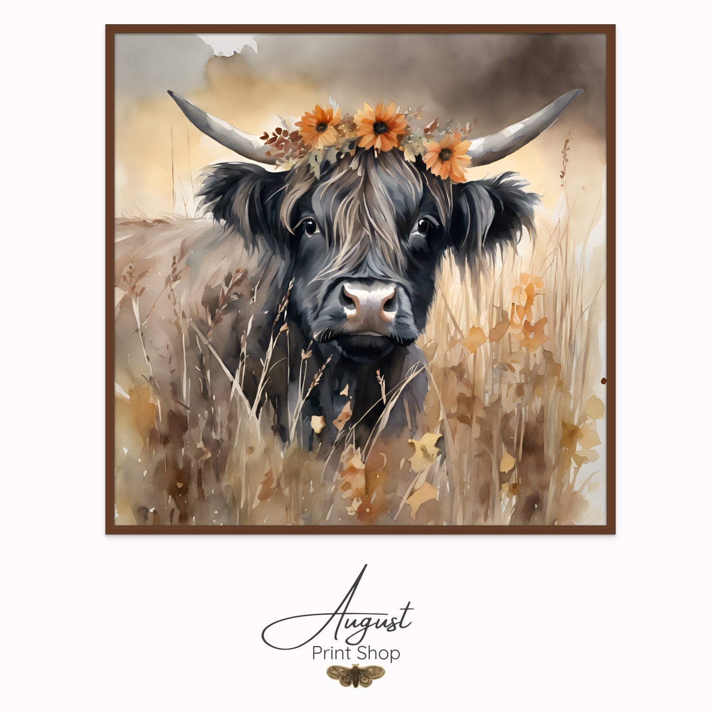 Wall art of a shaggy black highland cow standing in a field surrounded by fall colors wearing an autumn flower crown