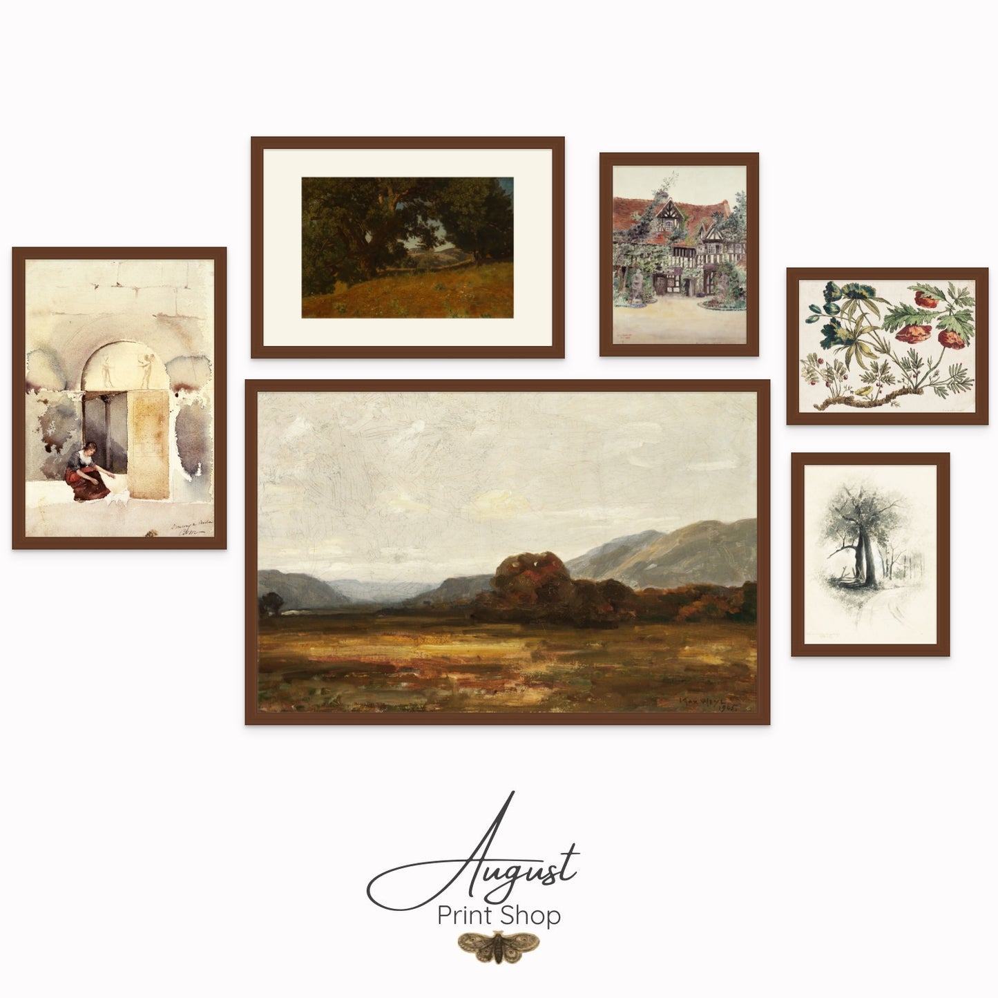 6-piece vintage gallery art set with warm landscape as the largest art piece, a woman petting a white cat, a shaded tree, a boudwin style home with a rusty red roof, poppies, and a sketch of a tree.