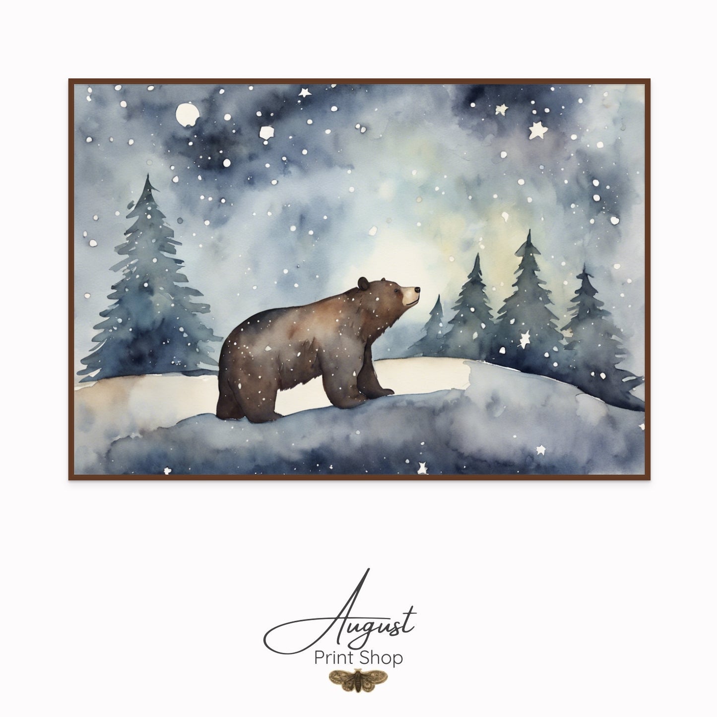 Framed artwork of a bear in a snowy landscape with trees and a starry sky, signed 'August Print Shop'.
