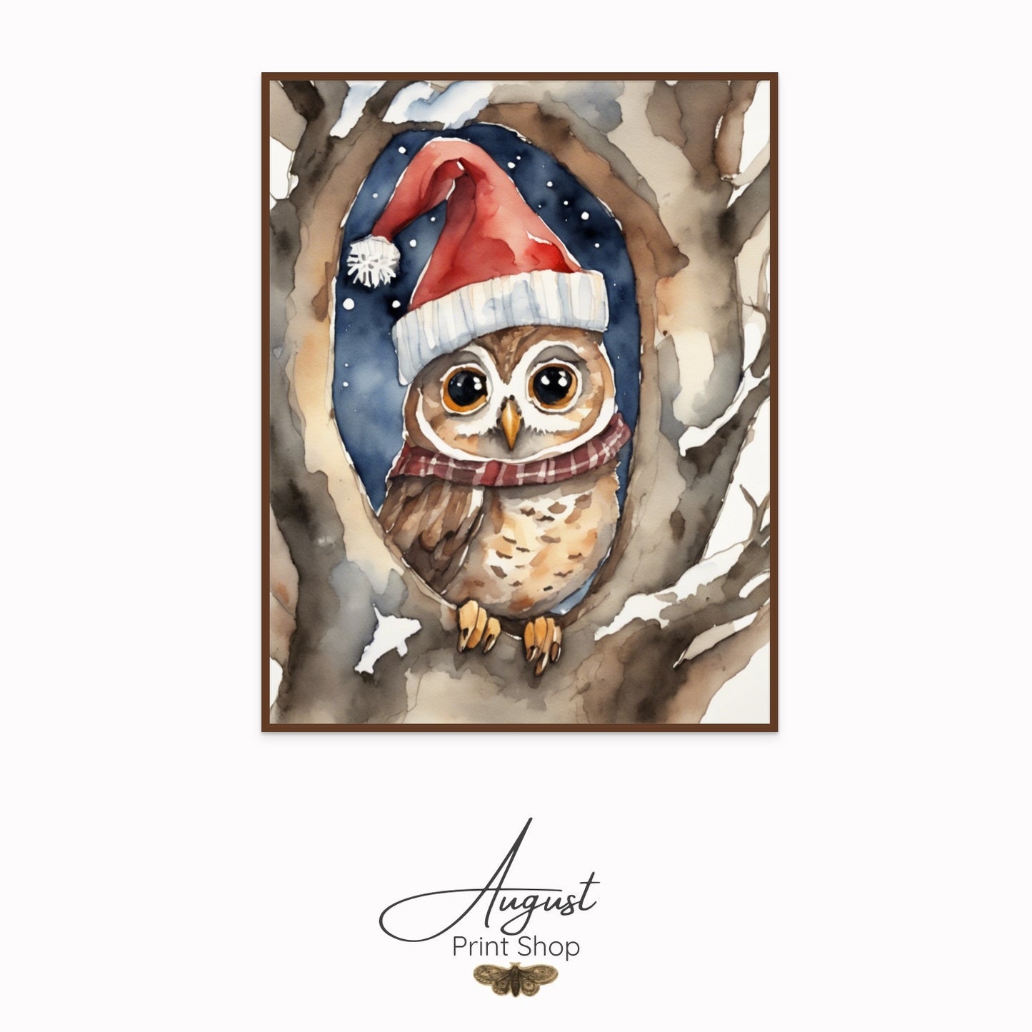 Illustration of an owl wearing a Santa hat and scarf in a tree, with 'August Print Shop' branding.