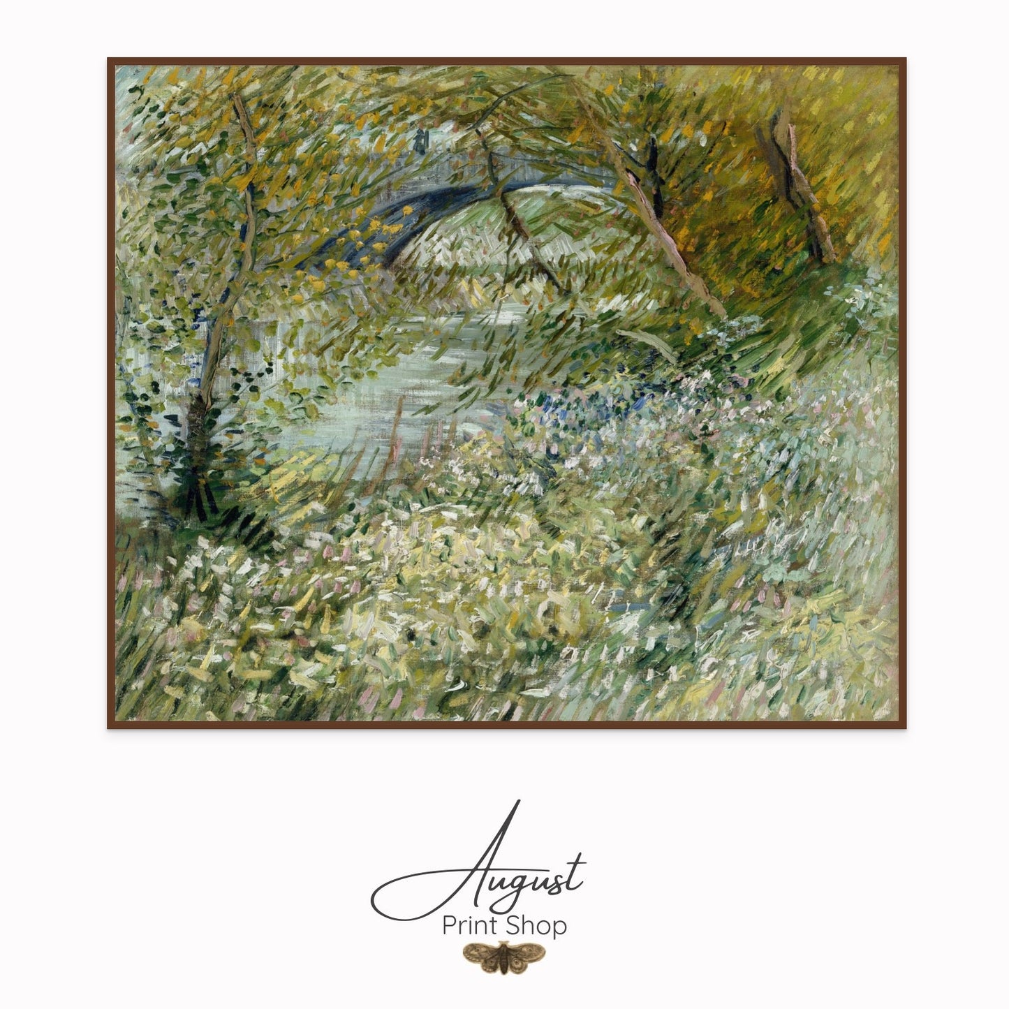 Framed painting of a natural landscape with trees and foliage, featuring the 'August Print Shop' logo.