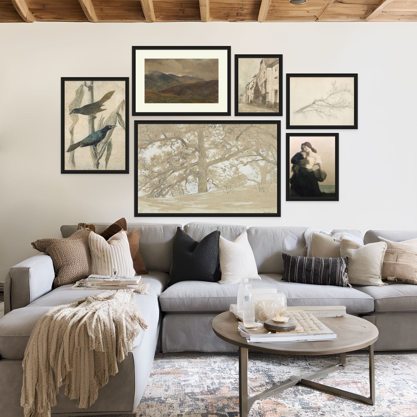 6-piece vintage gallery art set, perfect for adding a touch of timeless elegance. This carefully curated collection features soft neutral colors and few dark accents, creating a cohesive and inviting atmosphere.