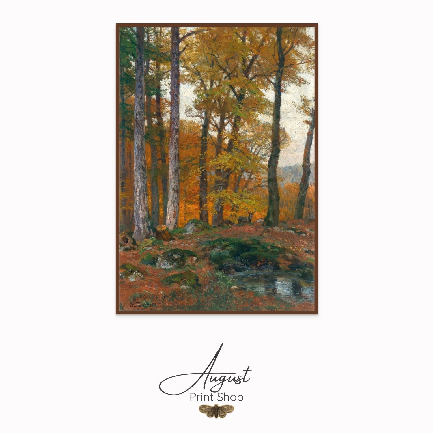 Framed artwork of a forest scene with autumn foliage, featuring the 'August Print Shop' logo.