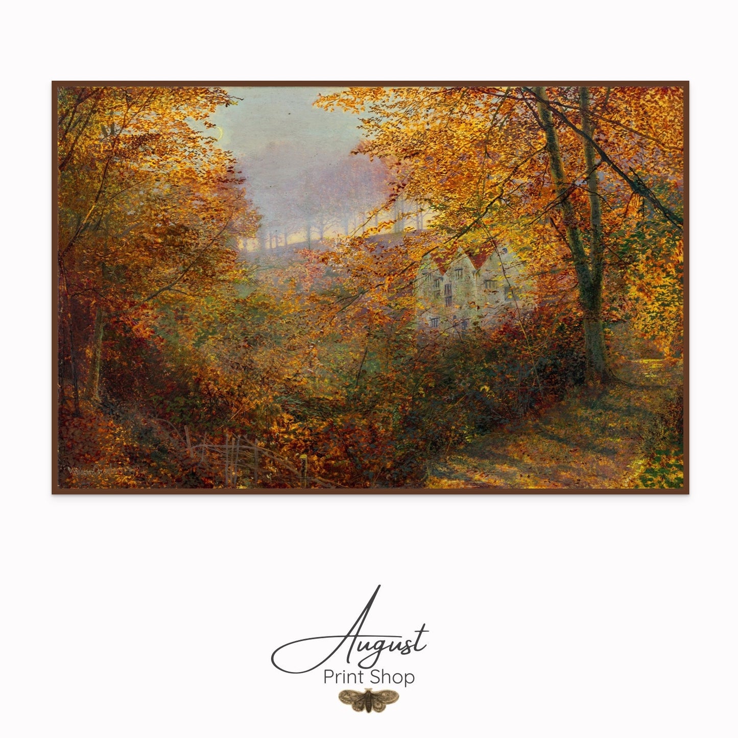 Painting of a scenic landscape with trees in autumn colors and a house in the background.