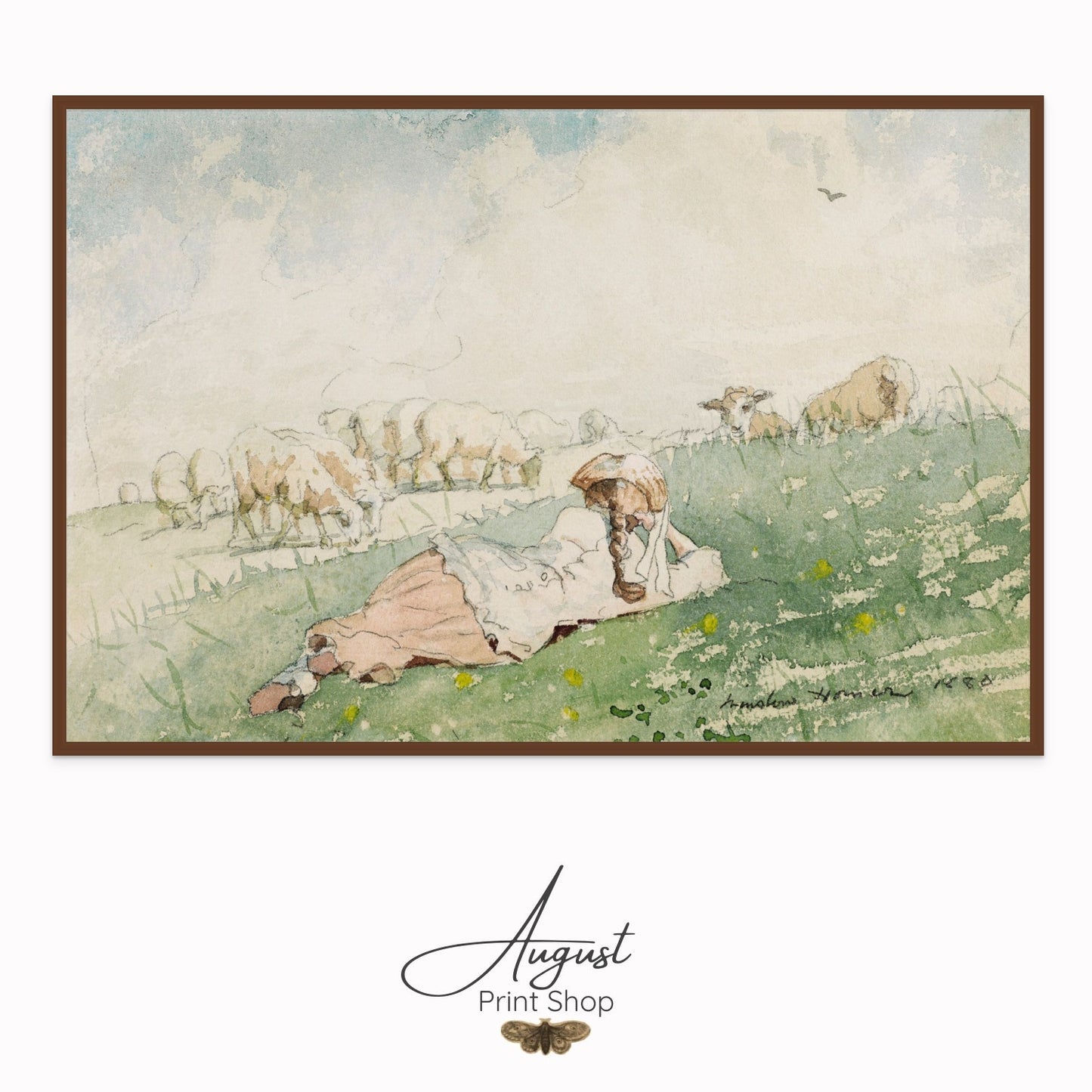In A Shepherdess, Winslow Homer beautifully captures a quiet moment of pastoral life as a young woman reclines on the grass, watching over her flock in a light and airy field.