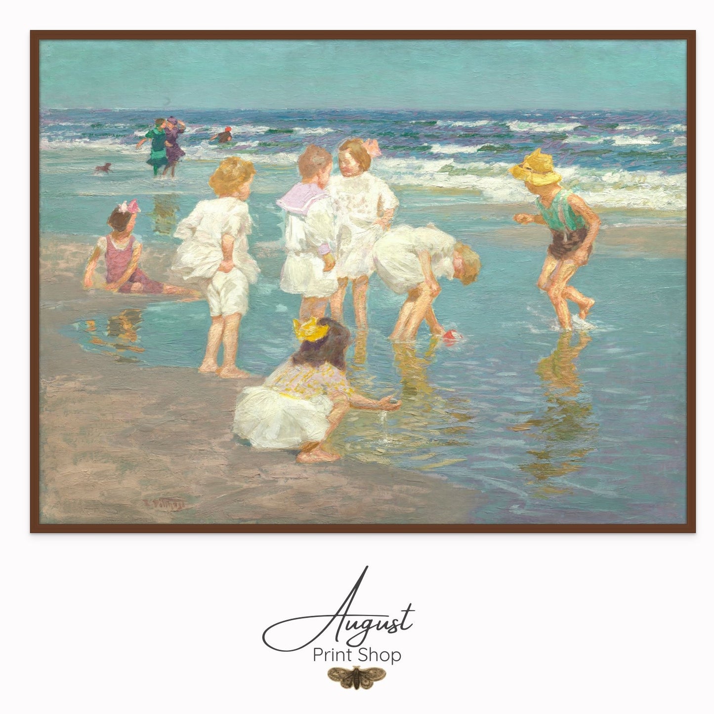 Wonderful vintage oil painting artwork done by Edward Henry Potthast . Children play in the sand at a beach in their old fashioned swimwear. Bold colors and details. Done as a Print on Canvas. Ready to Hang. 