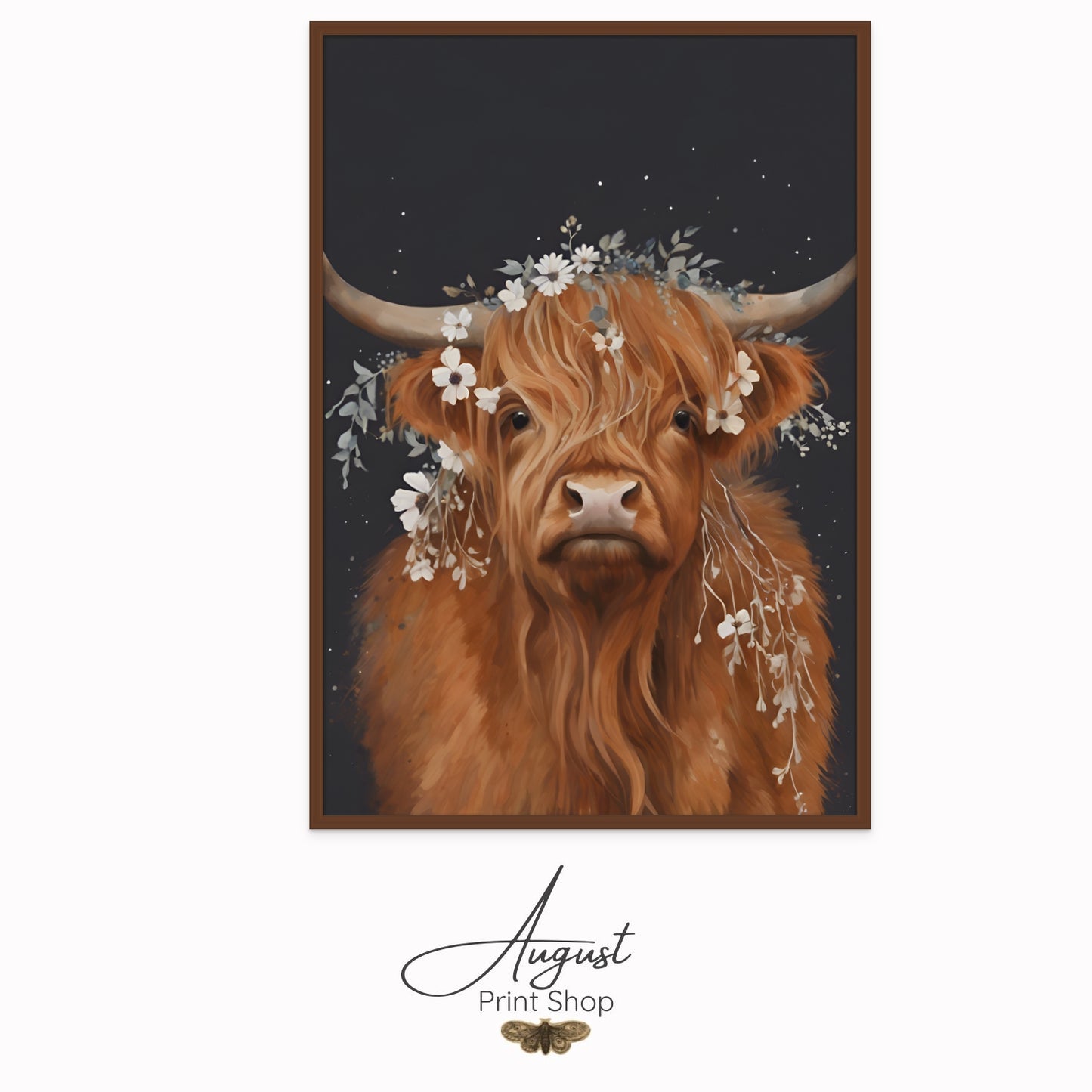 Painting style artwork of a brown highland cow with a black background wearing a castcading white flower crown done as a Print on Canvas