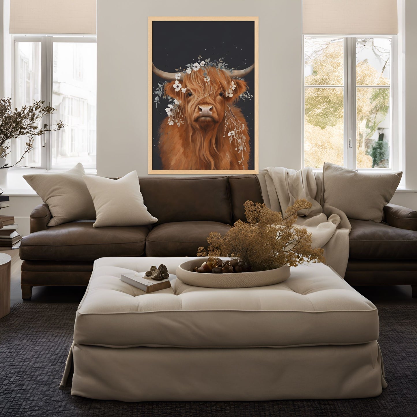 Happy and Cheerful painting style artwork of a brown highland cow wearing a castcading white flower crown done as a Print on Canvas being displayed over a brown leather couch