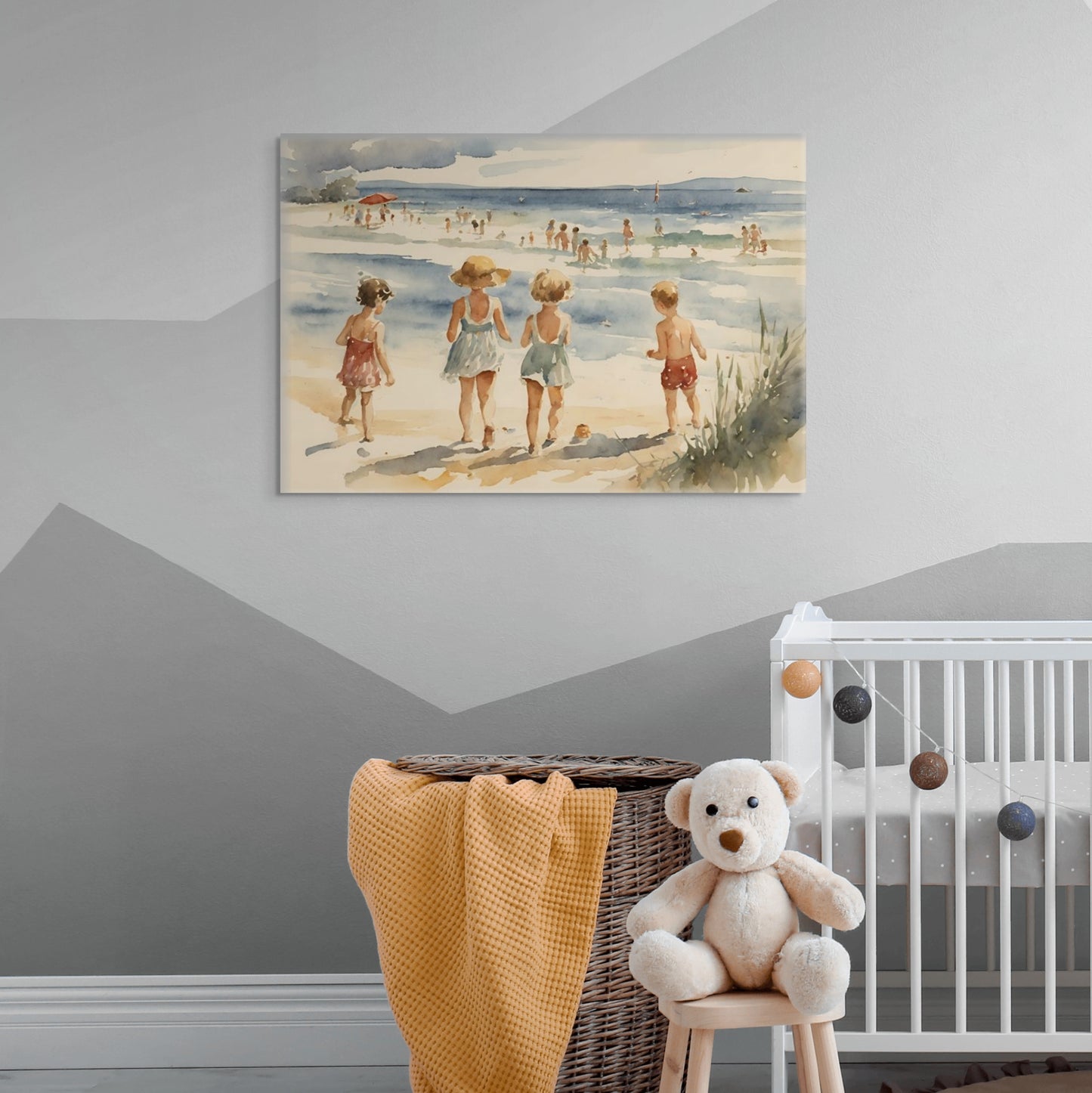 Happy and Cheerful watercolor artwork of children playing at the beach on a bright sunny day. Done as a Print on Canvas. Hanging over a crib goes well with Yellows and grey.