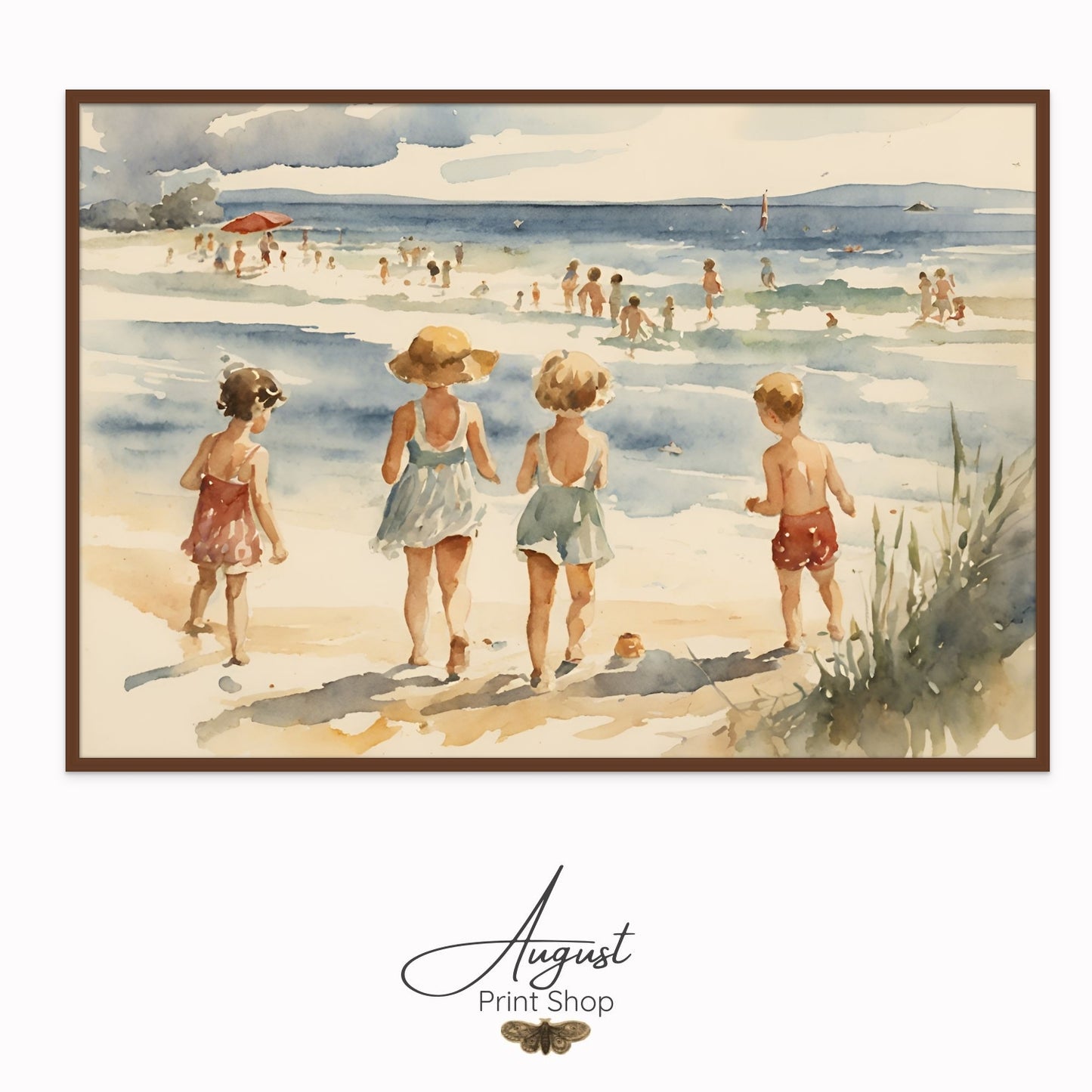 Happy and Cheerful watercolor artwork of children playing at the beach on a bright sunny day. Done as a Print on Canvas.