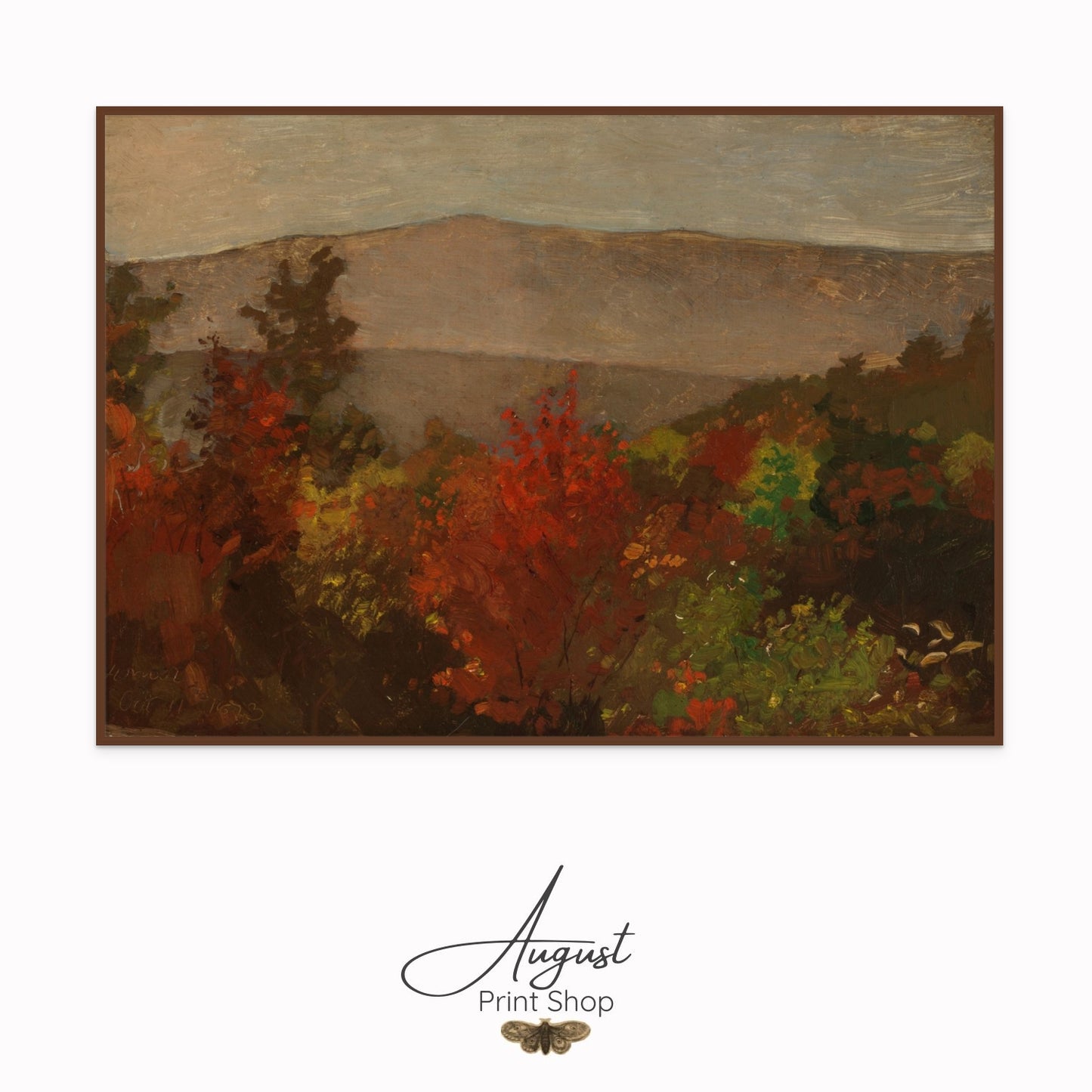 Painting of a landscape with trees and mountains, signed 'August Print Shop'.