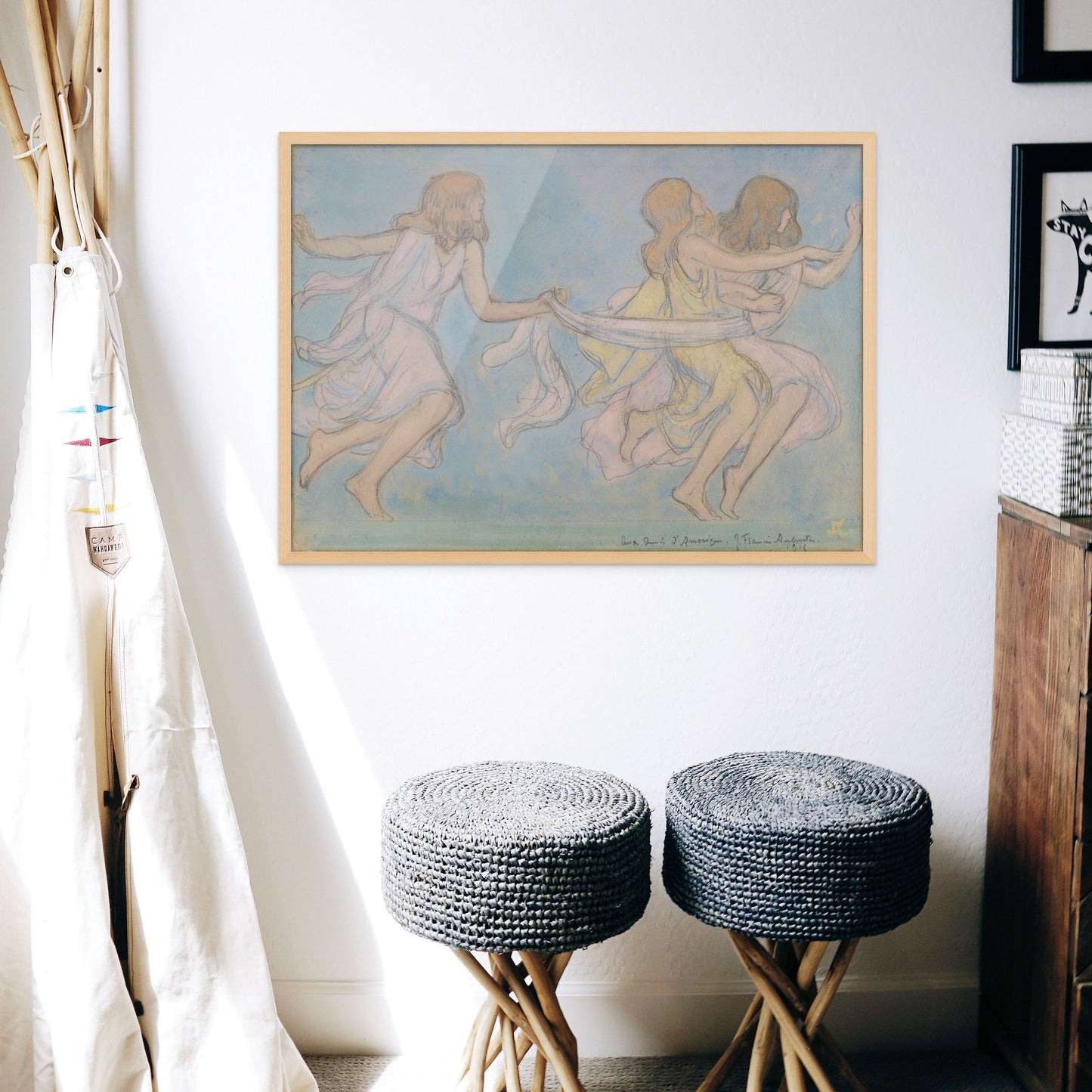 Vintage artwork done in the early 1900s by Jean Francis Auburton of three children at play. Soft, calming colours and fine unique details. Shown in a childs room above two grey benches.