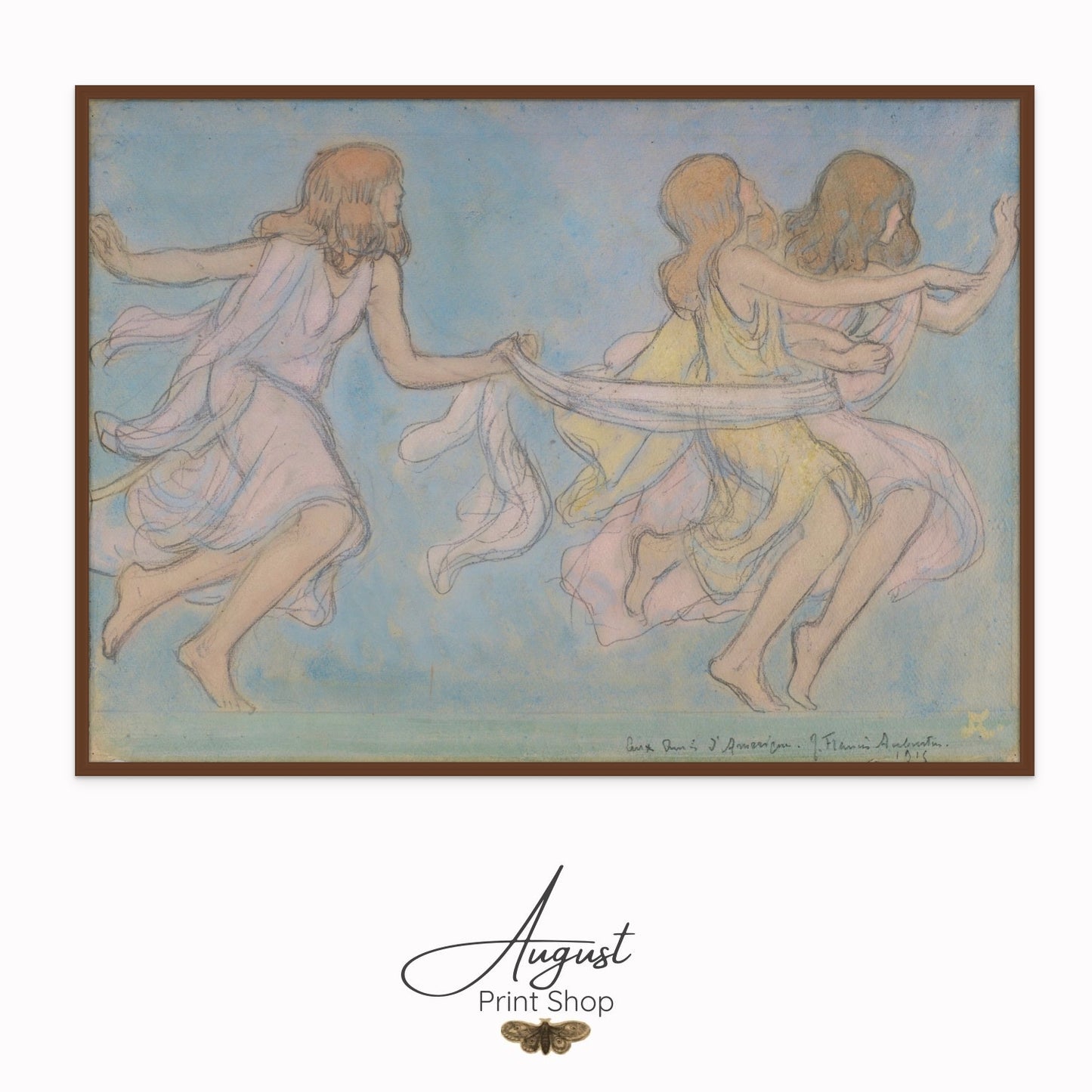 Vintage artwork done in the early 1900s by Jean Francis Auburton of three children at play. Soft, calming colours and fine unique details.
