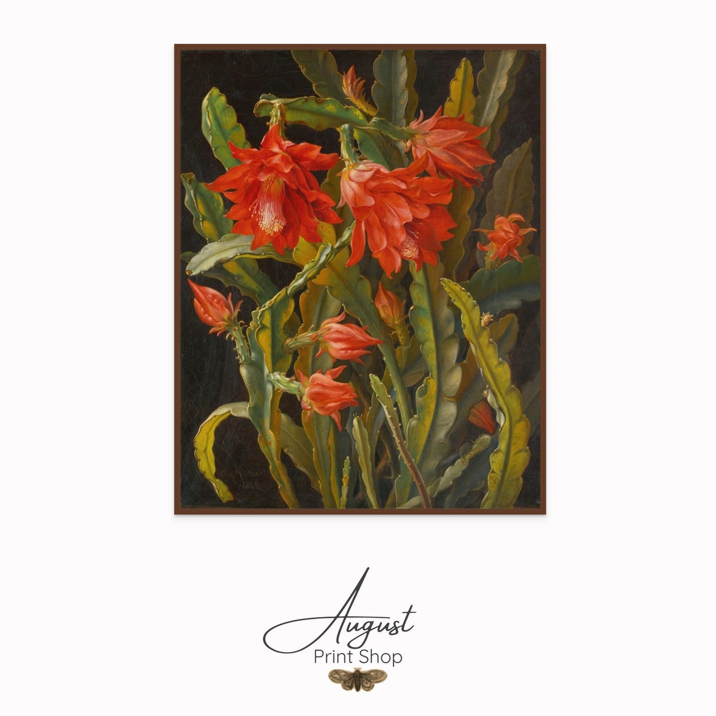 Framed painting of red flowers with green leaves on a white background, featuring 'August Print Shop' logo.