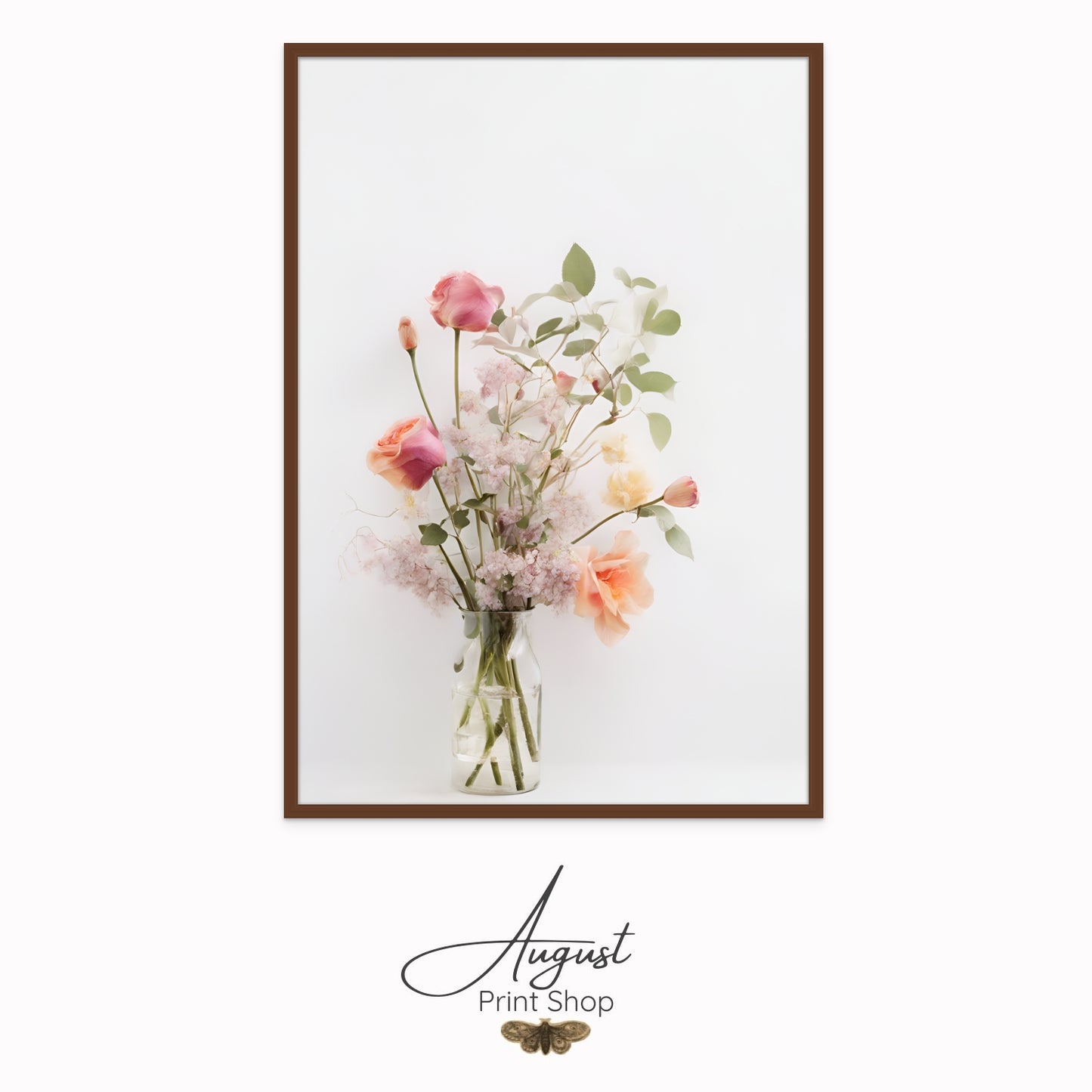 A light and pretty photo of a delicate flower bouquet featuring pink and peach roses, soft green leaves and light purple lilac. Shown in a White background.