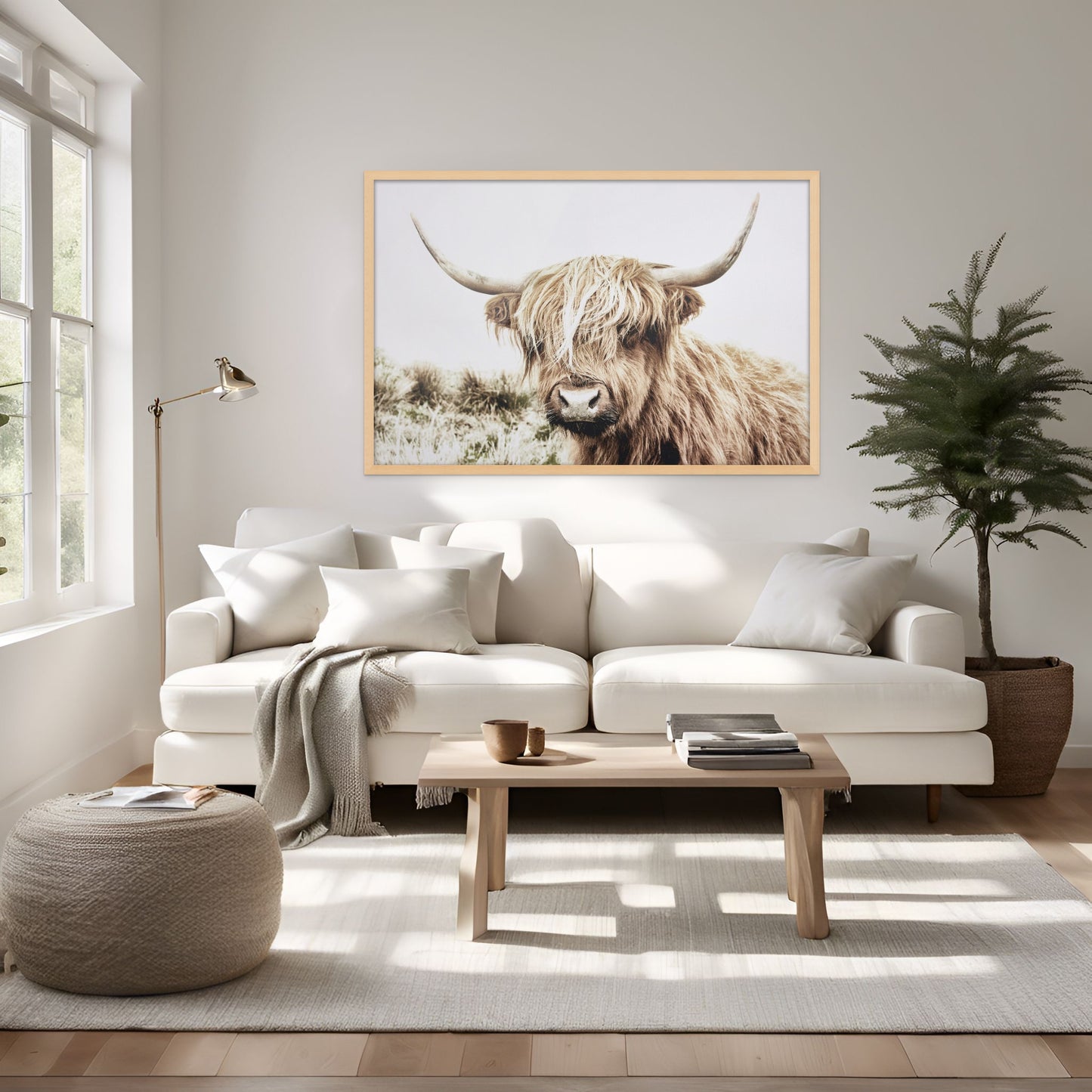 Blonde Gold highland cow in a field photograph. This cute shaggy cow features light colours and long horns. Ready to hang artwork.