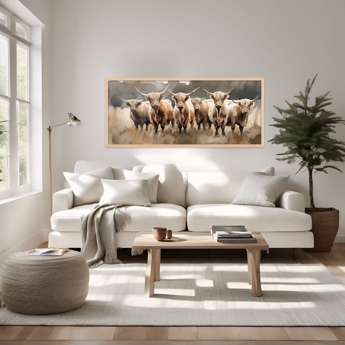 soft watercolor painting of a highland cow herd displayed over a white couch