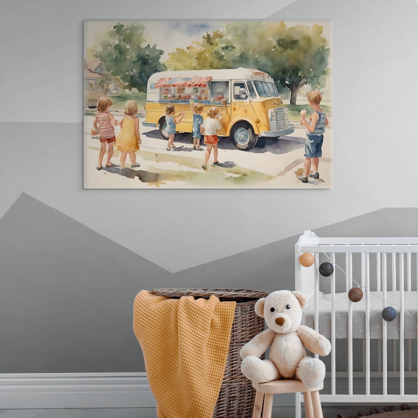 Yellow Ice Cream truck watercolour painting done in a vintage era and style. Children stand around the ice cream truck in a suburban neighborhood. Bold colors and details. Done as a Print on Canvas. Ready to Hang. Displayed above a crib in a childs room.