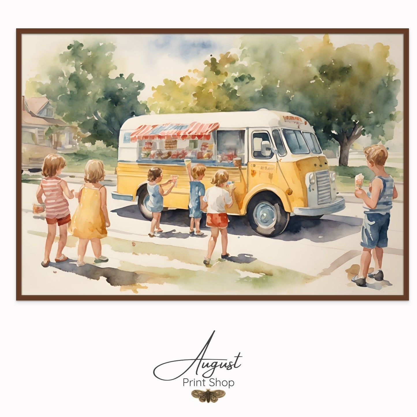 Yellow Ice Cream truck watercolour painting done in a vintage era and style. Children stand around the ice cream truck in a suburban neighborhood. Bold colors and details. Done as a Print on Canvas. Ready to Hang. 