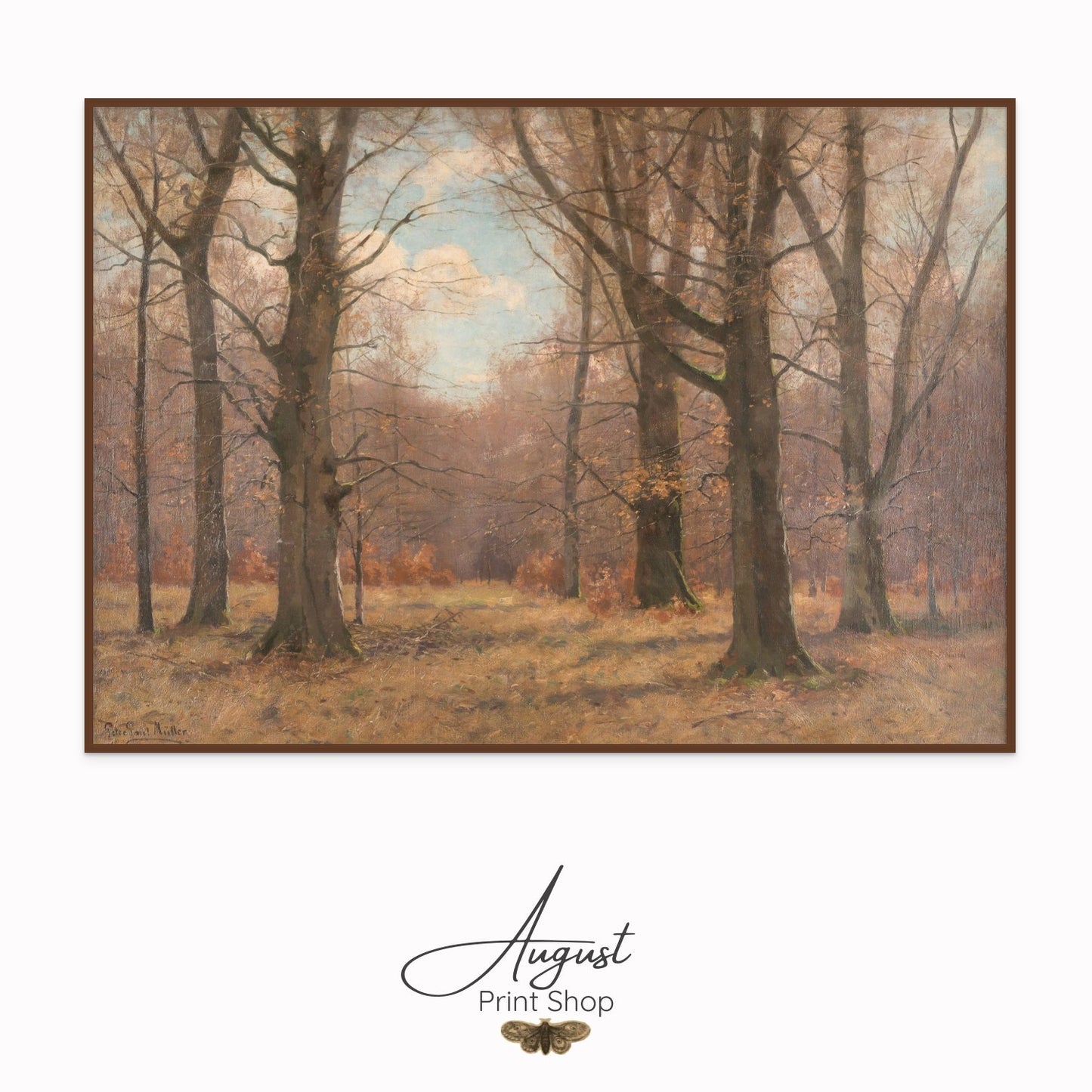 Framed artwork of a forest scene with trees and a clear sky, featuring the 'August Print Shop' logo.