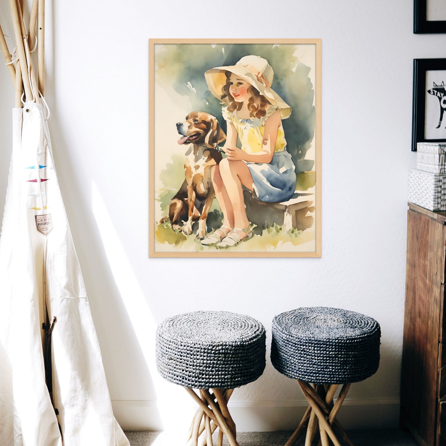 Retro Vintage style watercolor art of a little girl sitting on a step and her pet beagle dog. Ready to hang wall art featured in a childrens room above two benches