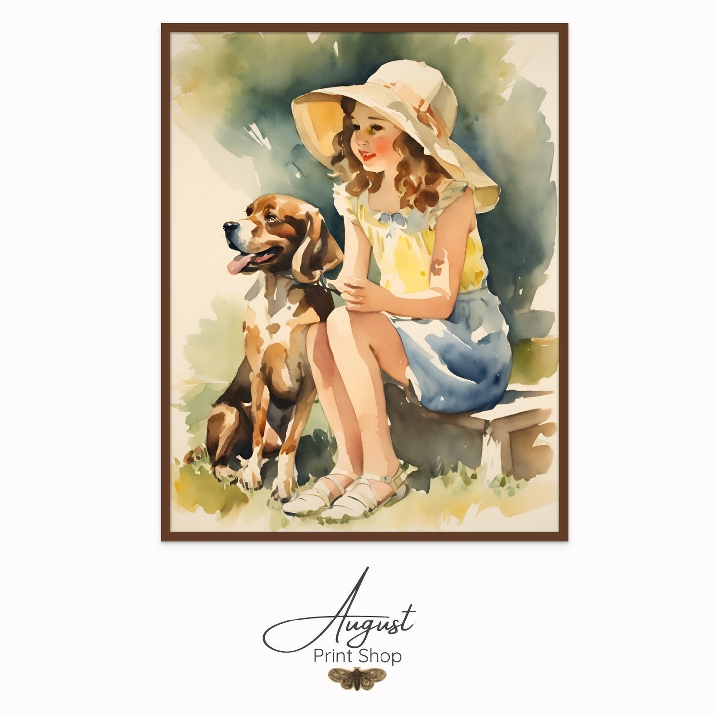 Retro Vintage style watercolor art of a little girl sitting on a step and her pet beagle dog. Ready to hang wall art