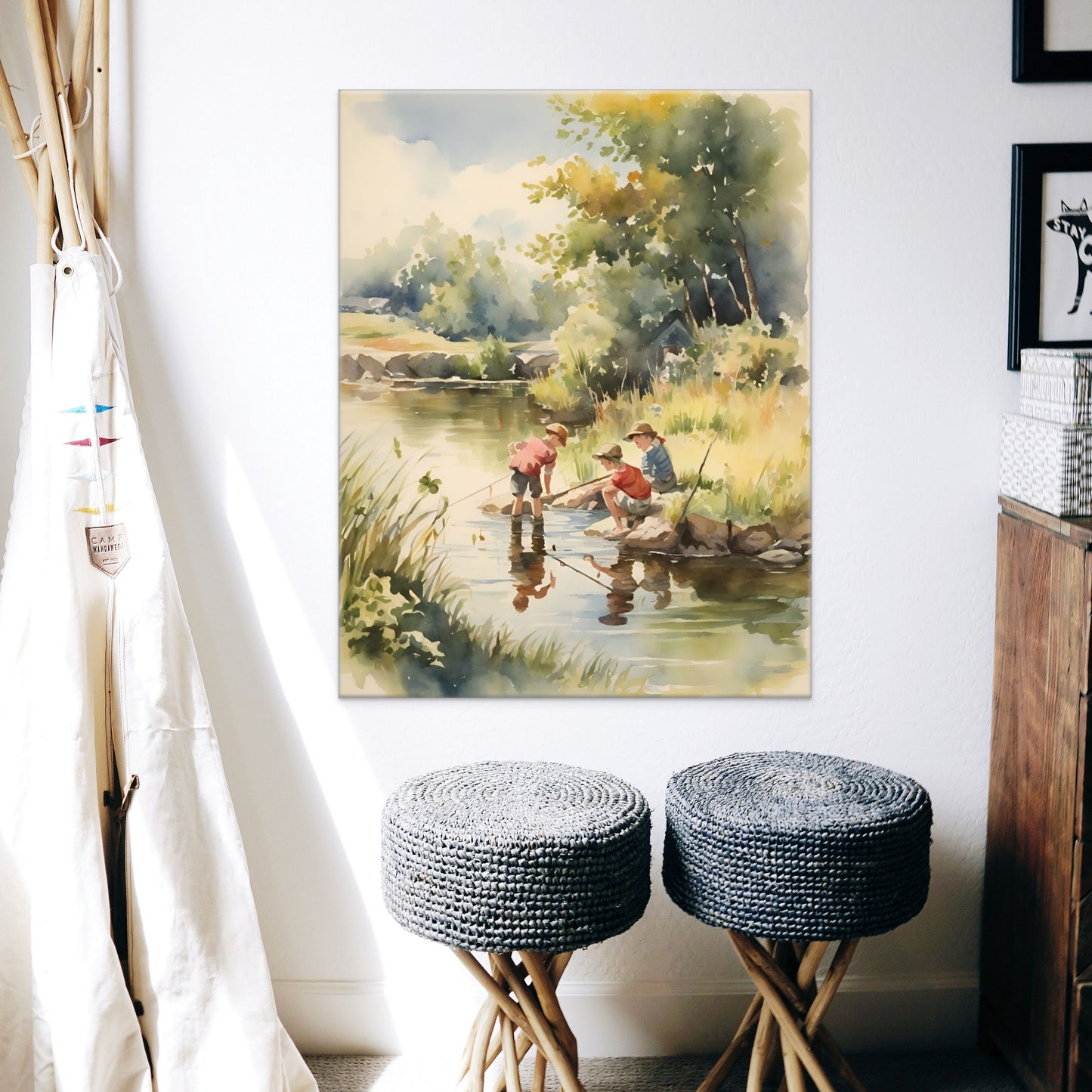 watercolor artwork of boys looking for fish in a stream for fish done as a Print on Canvas displayed on the wall in a childs room over two grey benches.