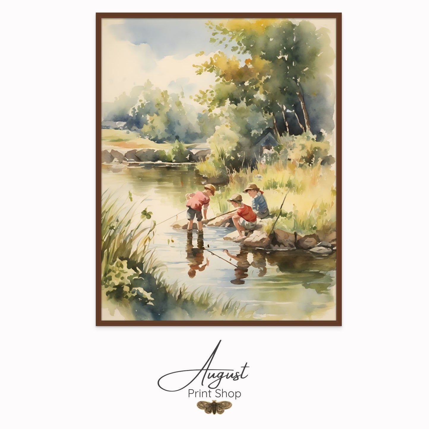 watercolor artwork of boys looking for fish in a stream for fish done as a Print on Canvas