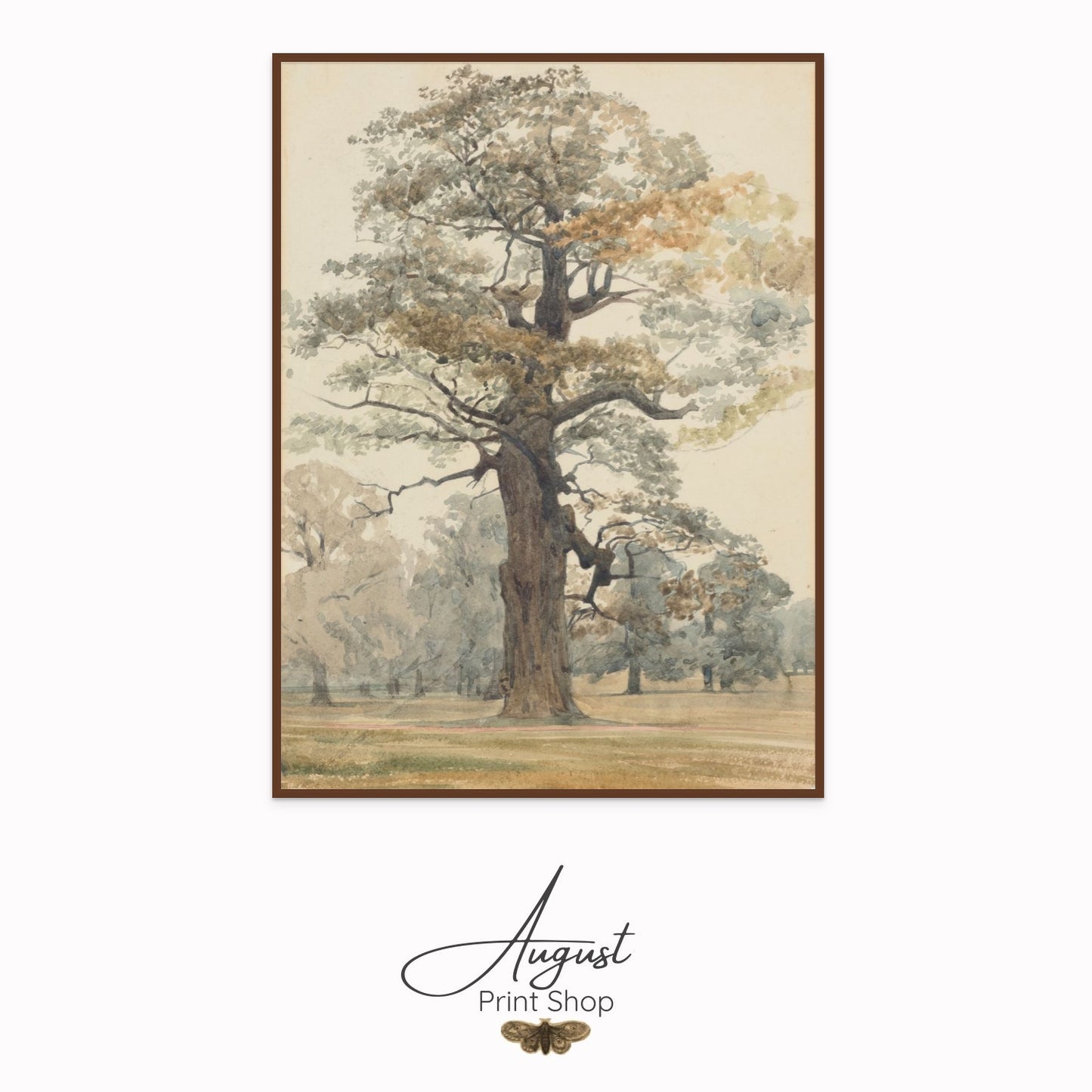 Framed artwork of a tree with 'August Print Shop' branding.