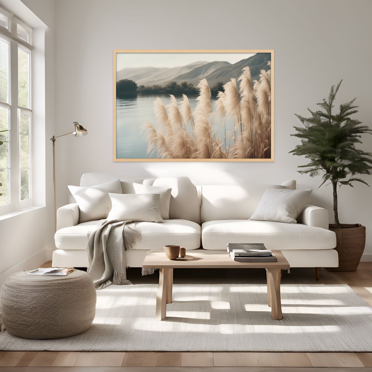 A unique photograph print on canvas of soft and fluffy pampas grass by the lake near the mountains. A calm and serene landscape. Displayed on a wall above a white couch in a neutral theme sitting room.