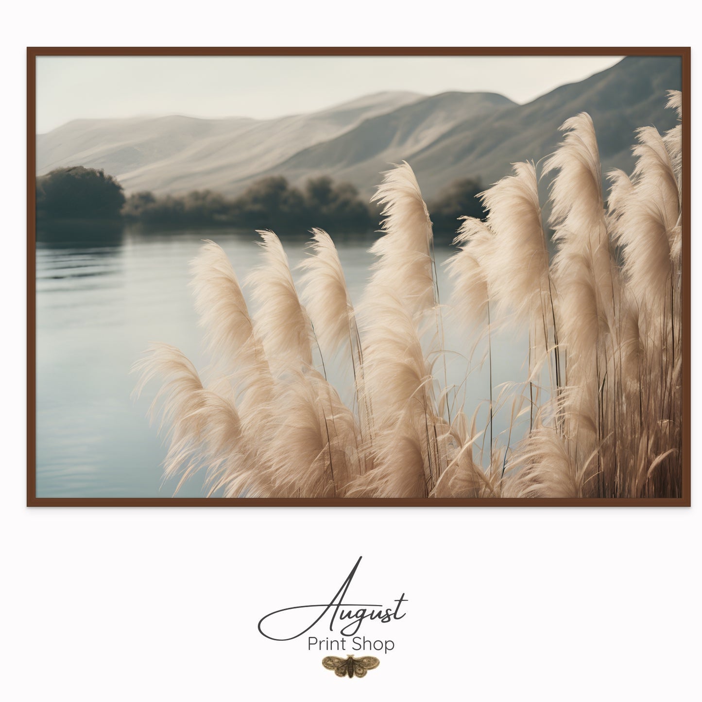 A unique photograph print on canvas of soft and fluffy pampas grass by the lake near the mountains. A calm and serene landscape.