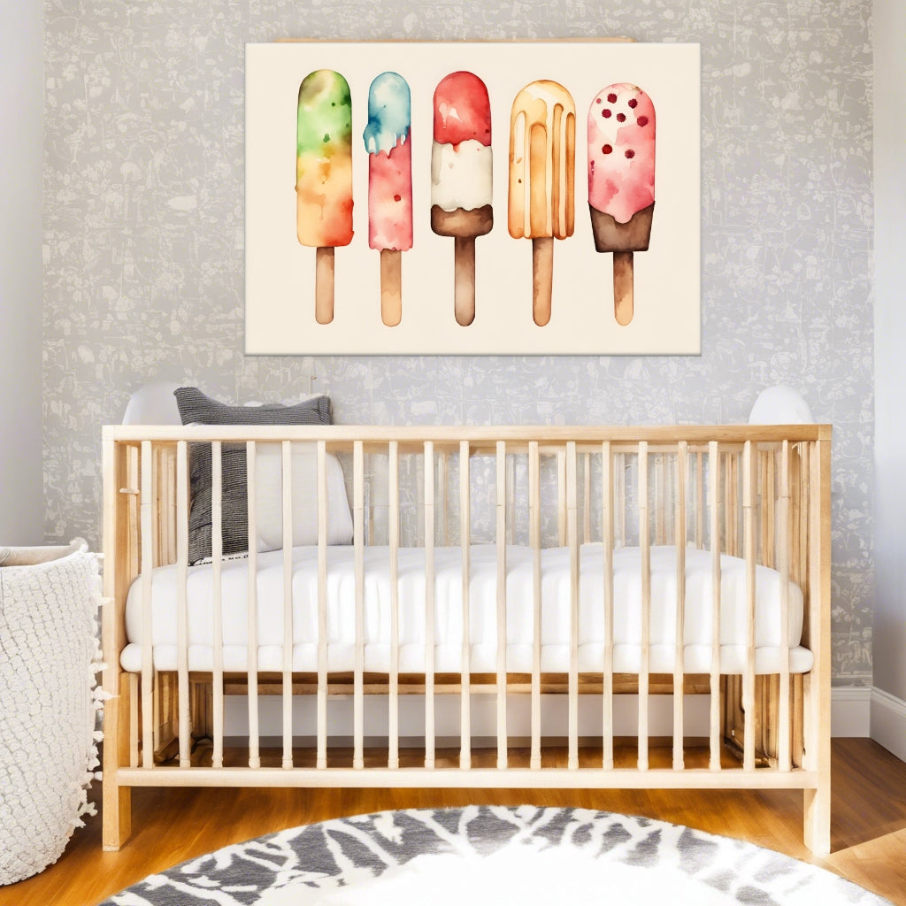 A watercolor painting of 5 popsicles in a row. Soft, calming yet fun colours and fine unique details. Adorable nursery artwork done as a print on canvas. displayed above a crib in a nursery.