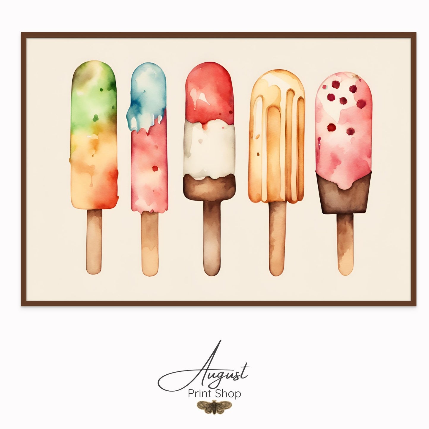 A watercolor painting of 5 popsicles in a row. Soft, calming yet fun colours and fine unique details. Adorable nursery artwork done as a print on canvas.