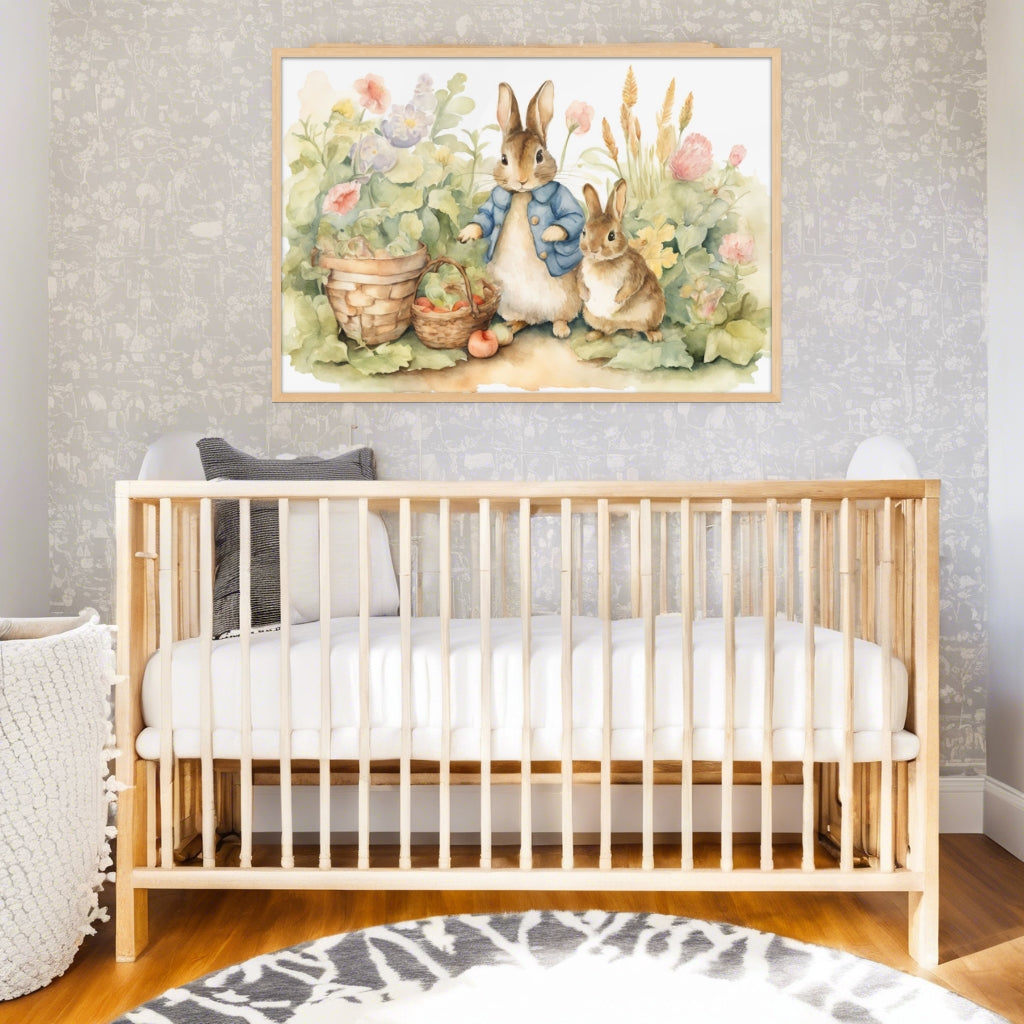 Beatrix Potter watercolor painting style bunny rabbits in a garden with wildflowers and baskets. Soft, calming colours and details. Hung above a crib in a neutral color nursery room.