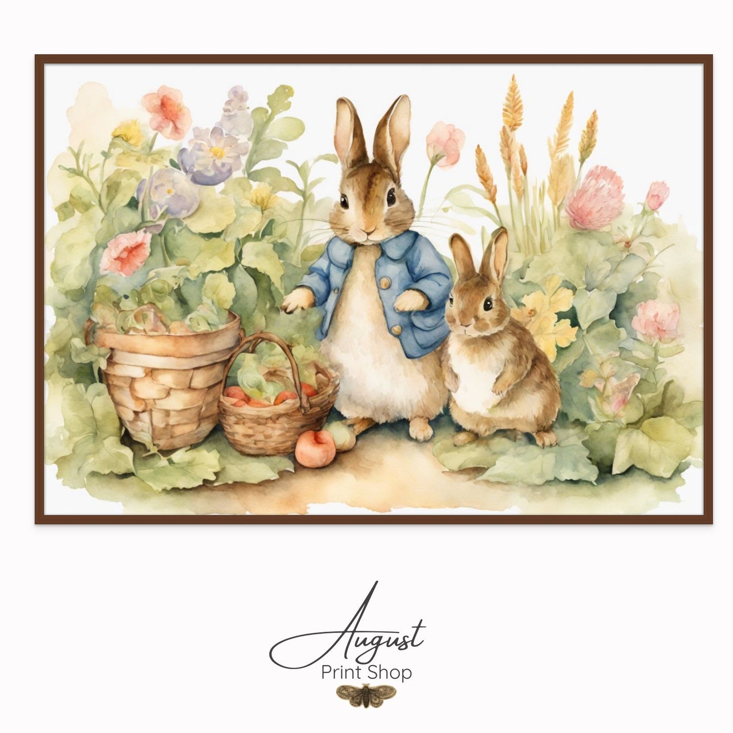 Beatrix Potter watercolor painting style bunny rabbits in a garden with wildflowers and baskets. Soft, calming colours and details.