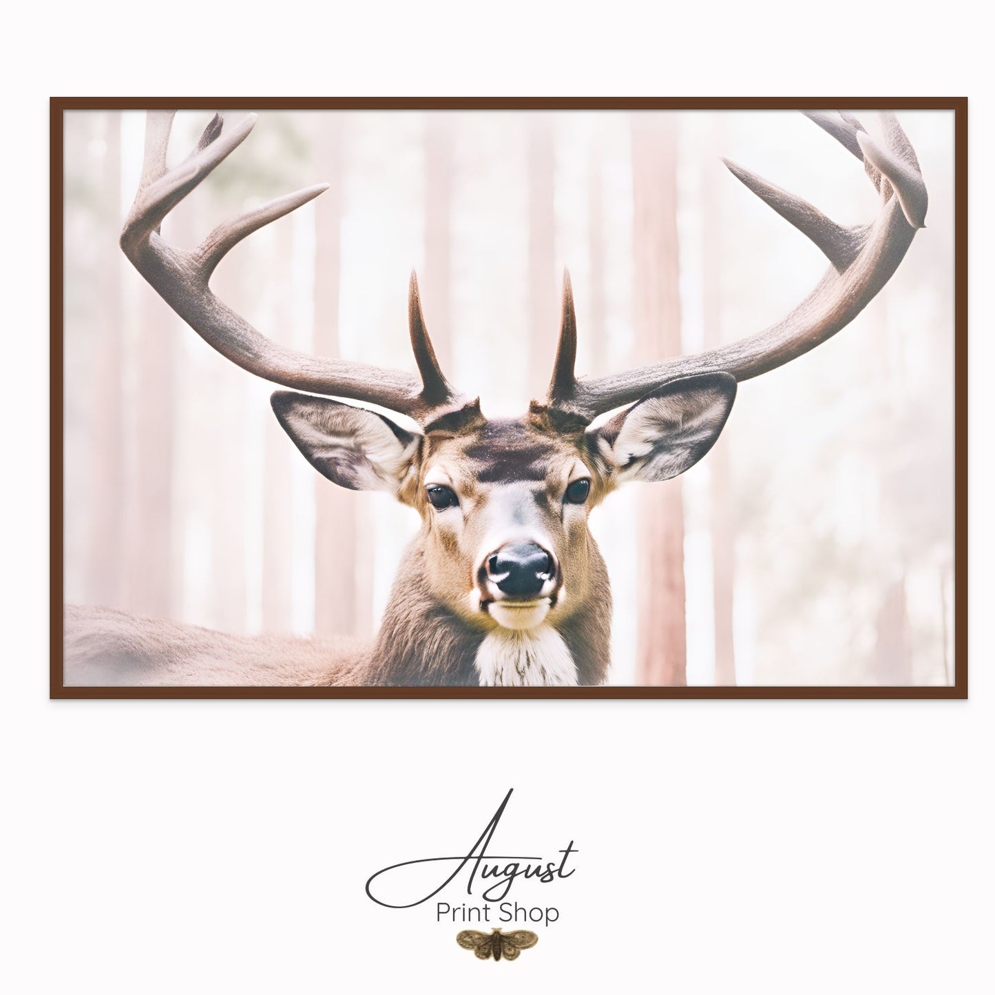 A unique artwork of a deer with long antlers in soft, neutral colors. The background is a light color redwood forest.