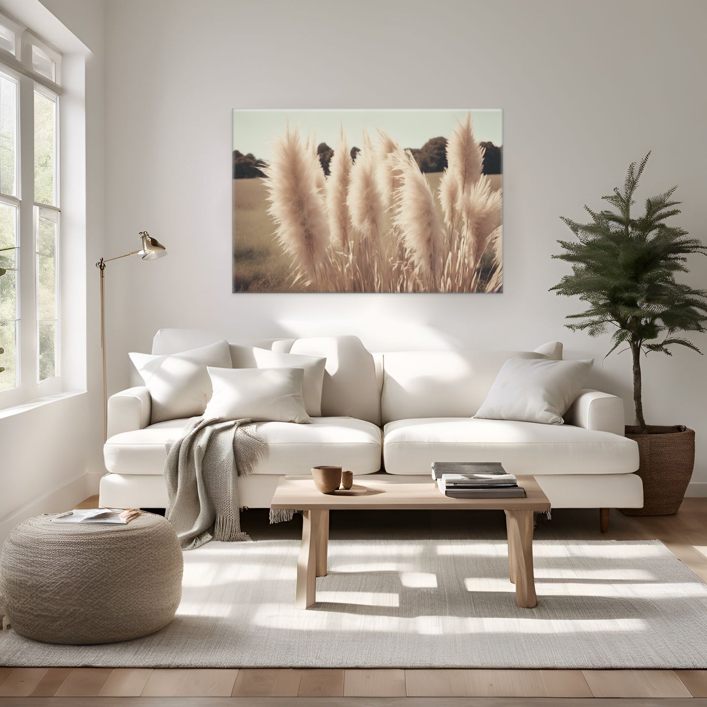 A unique photograph print on canvas of soft and fluffy pampas grass by a wheat field. A calm and serene landscape. Displayed over a white couch in a sitting room.