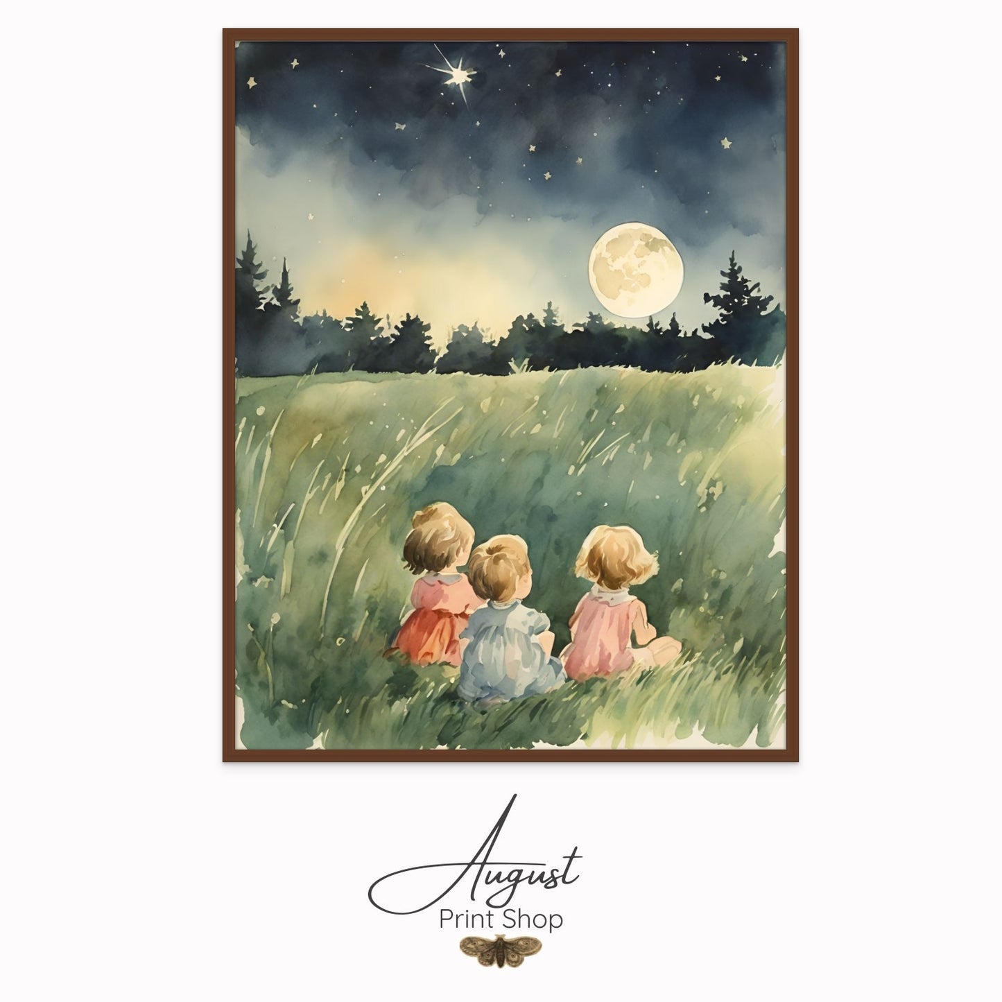 Three children sit in a field and watch the full moon and the stars on a clear summer night. Done as a watercolor style painting.