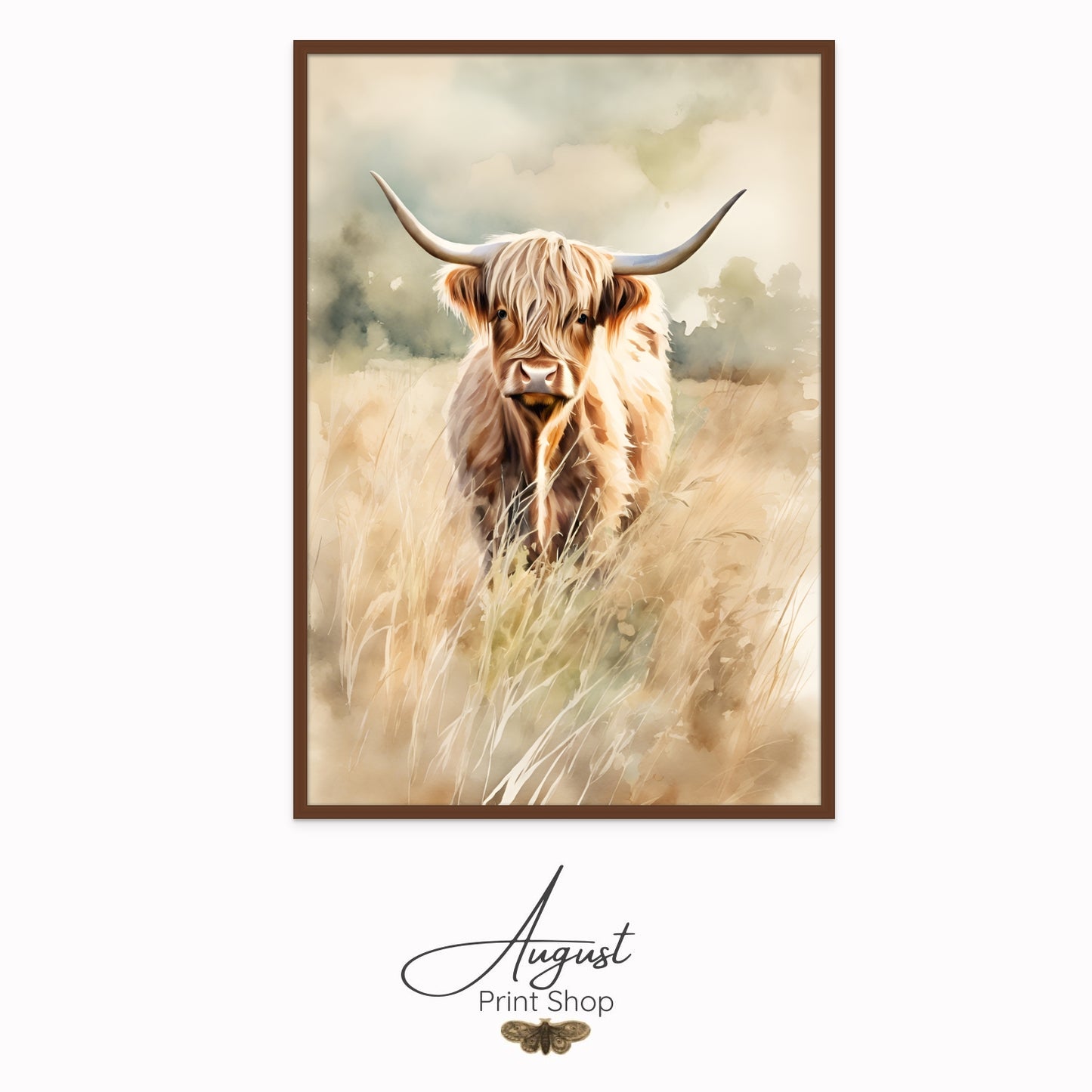 light and airy artwork of a highland cow on canvas will make you feel happy and calm. Featuring soft neutral colors in a tall grassy field.