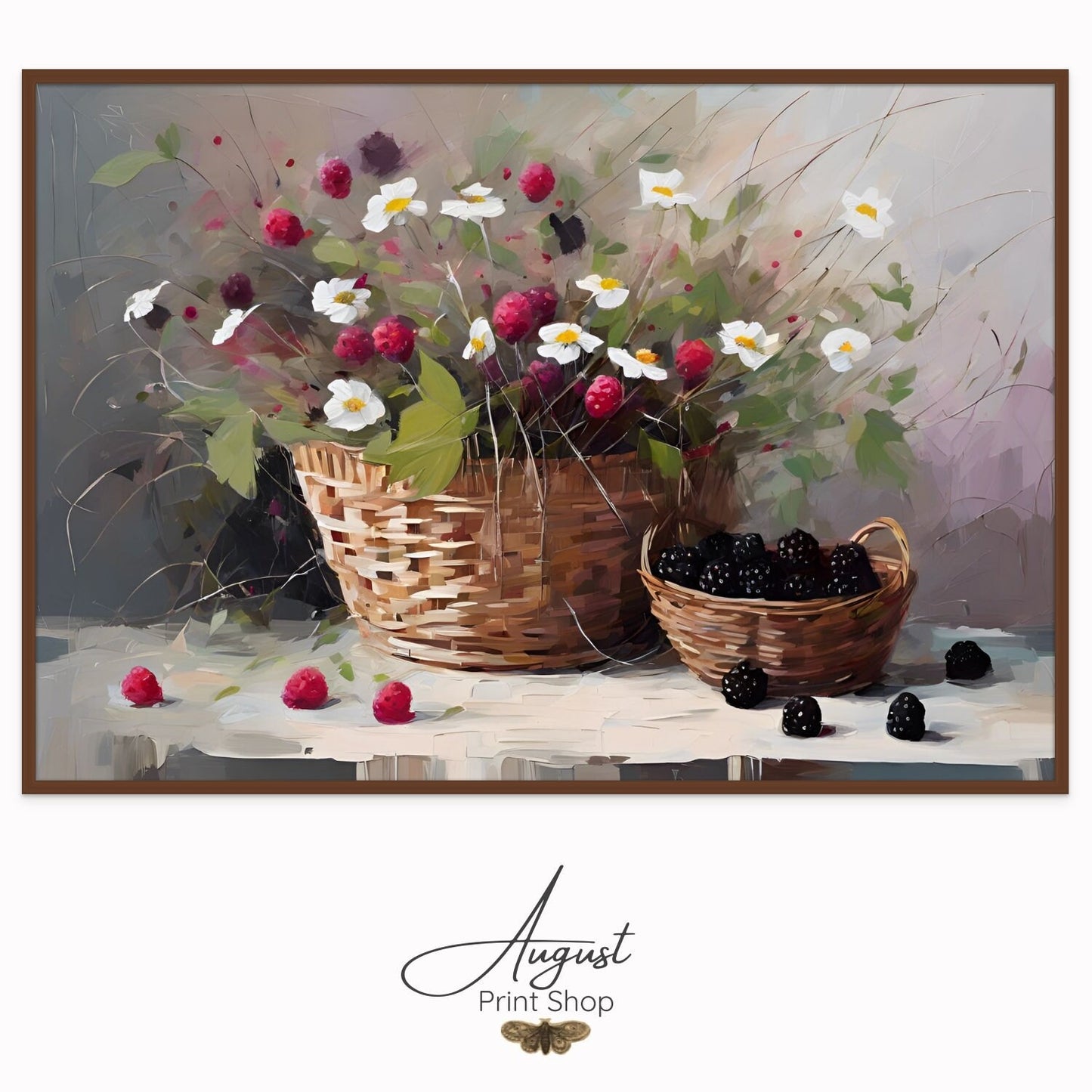 Artwork Featuring A basket full of blackberries, raspberries and daisies done as a print on canvas.