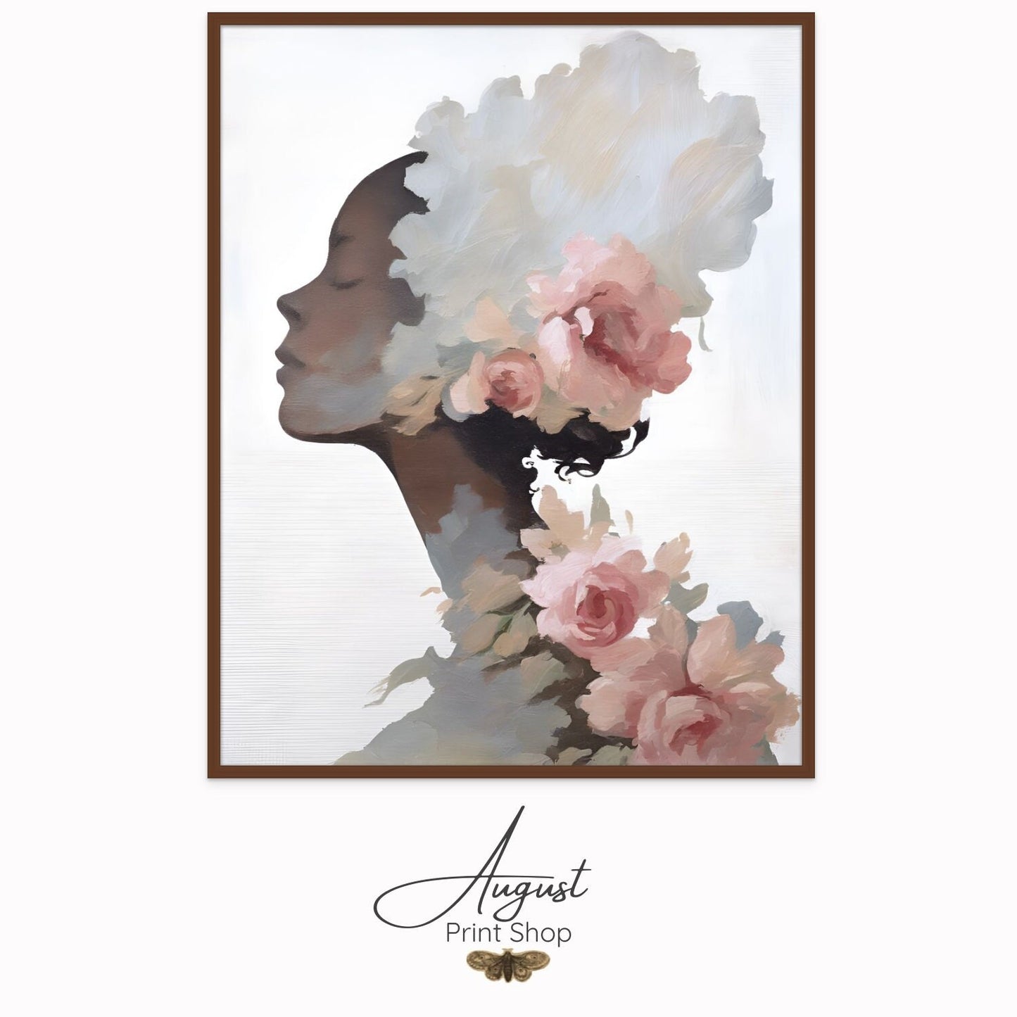 Belle Rose is The silhouette of a woman surrounded by pink peonies type flowers