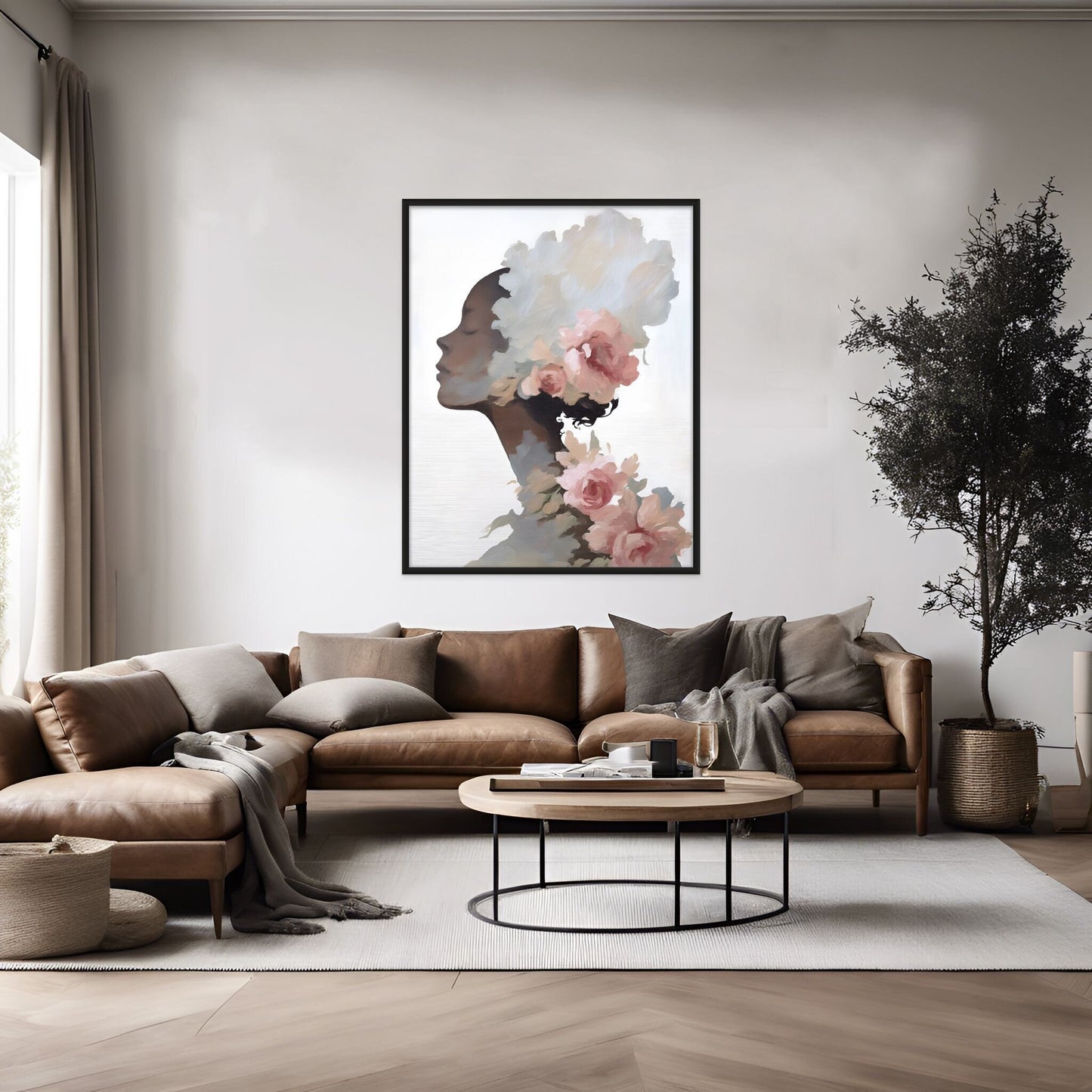 Belle Rose artwork displayed above a large medium brown \ sectional sofe