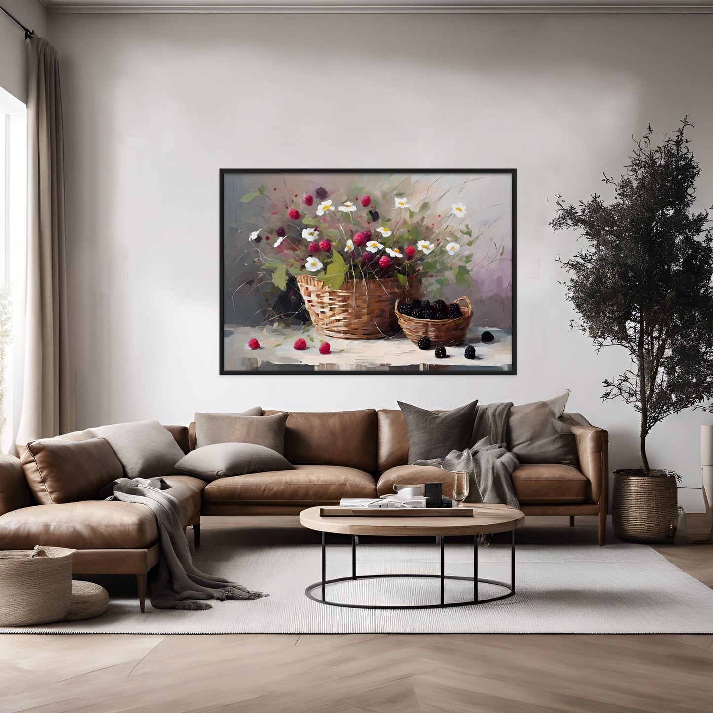 Blackberry Bramble artwok dispalyed in a living room above a brown leather couch
