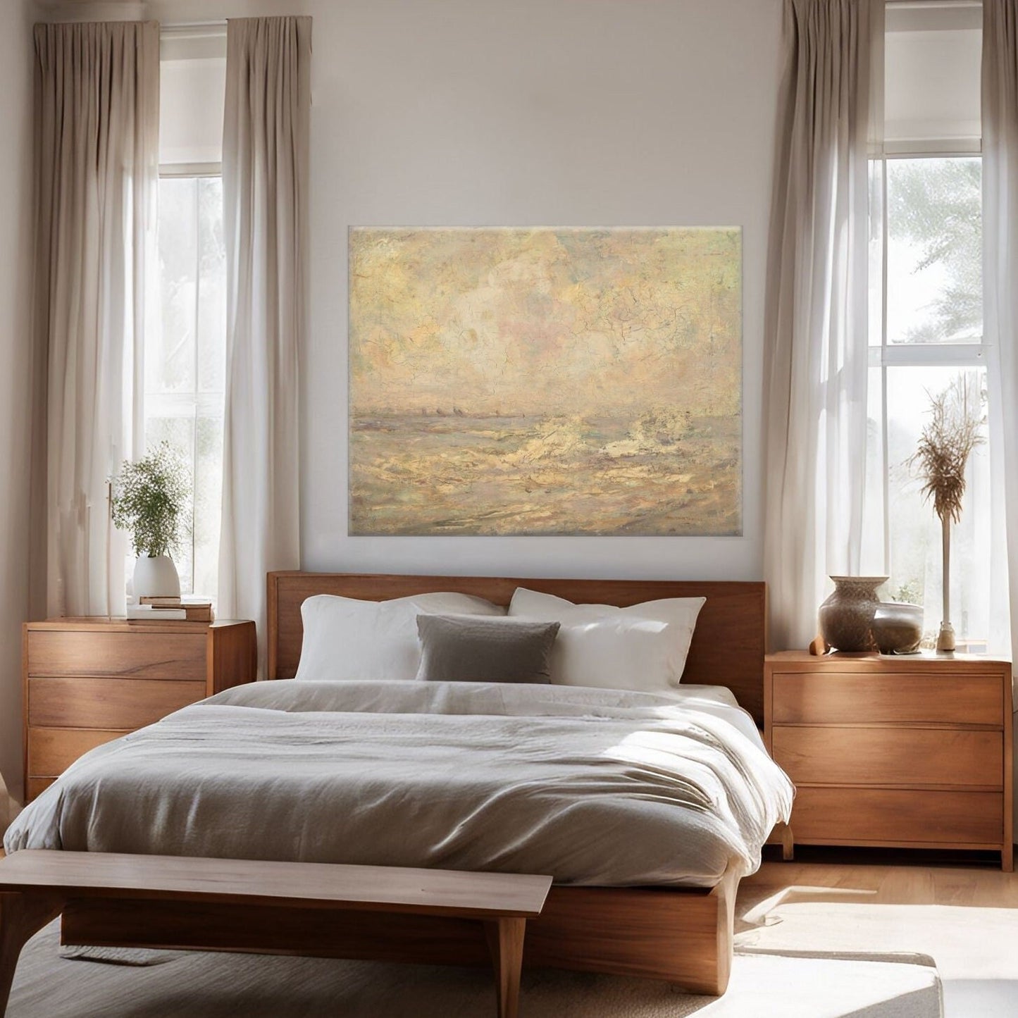 Australian Seascape by George Thomas displayed above a bed in a brightly lit room.