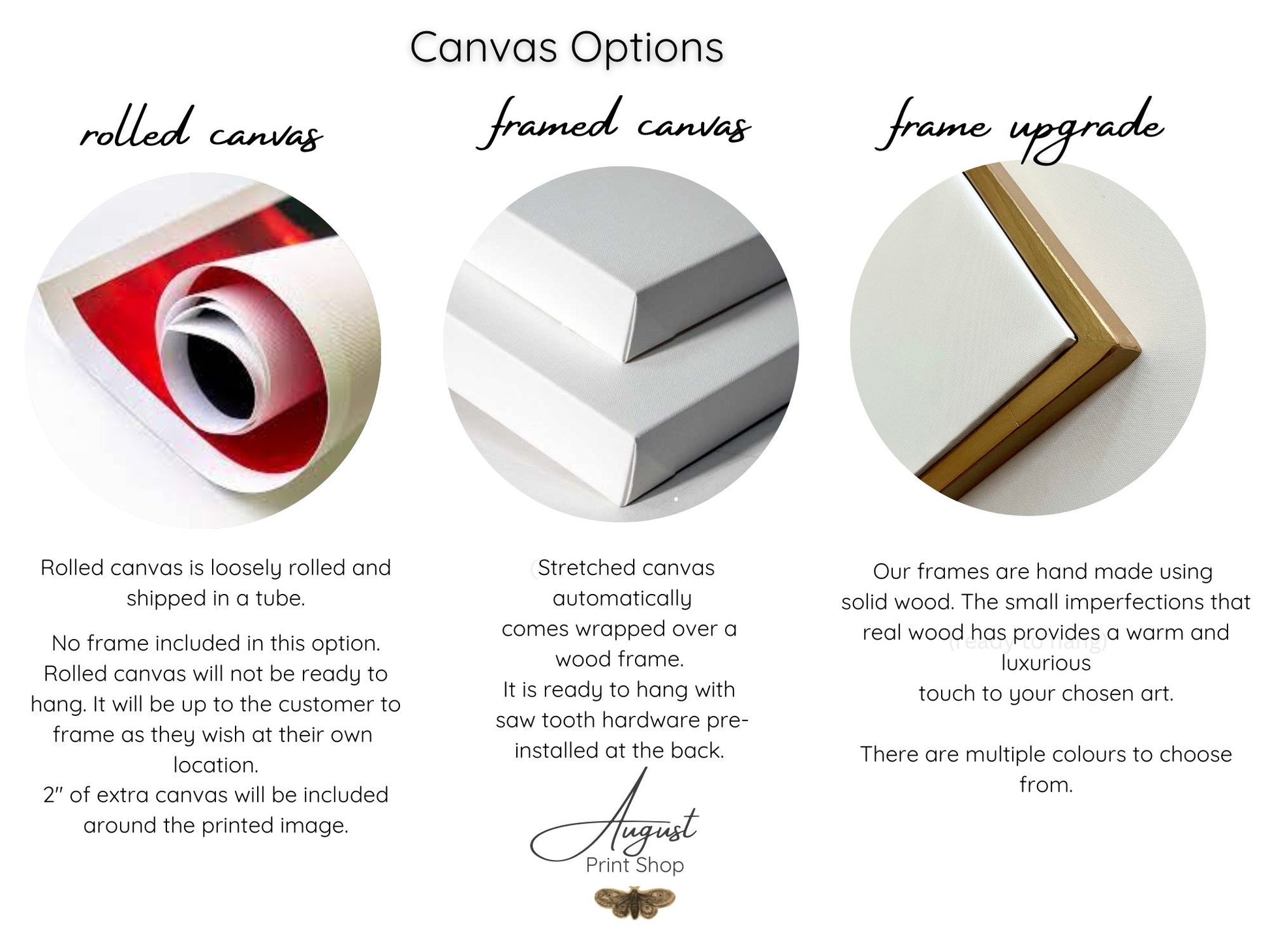 canvas options include rolled, gramed and optional frame upgrade.