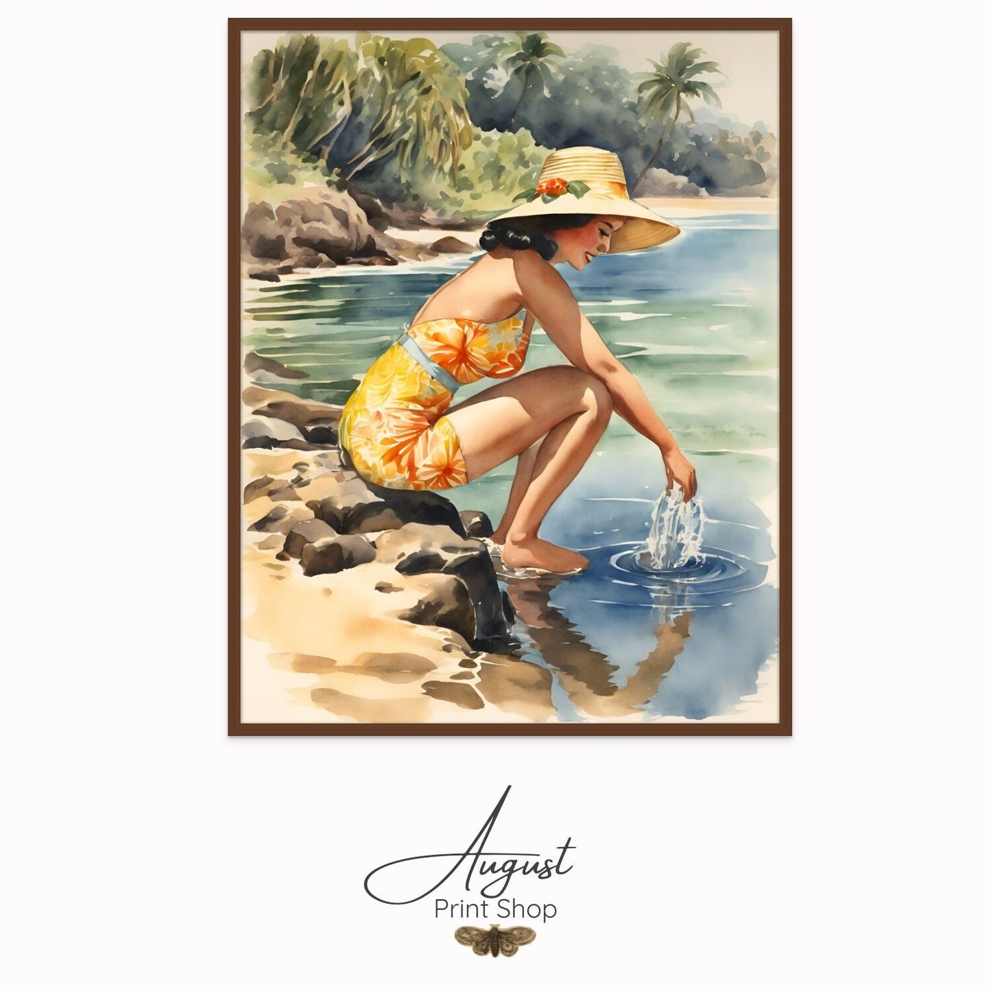 vintage style watercolor painting a woman at a hawaiian beach