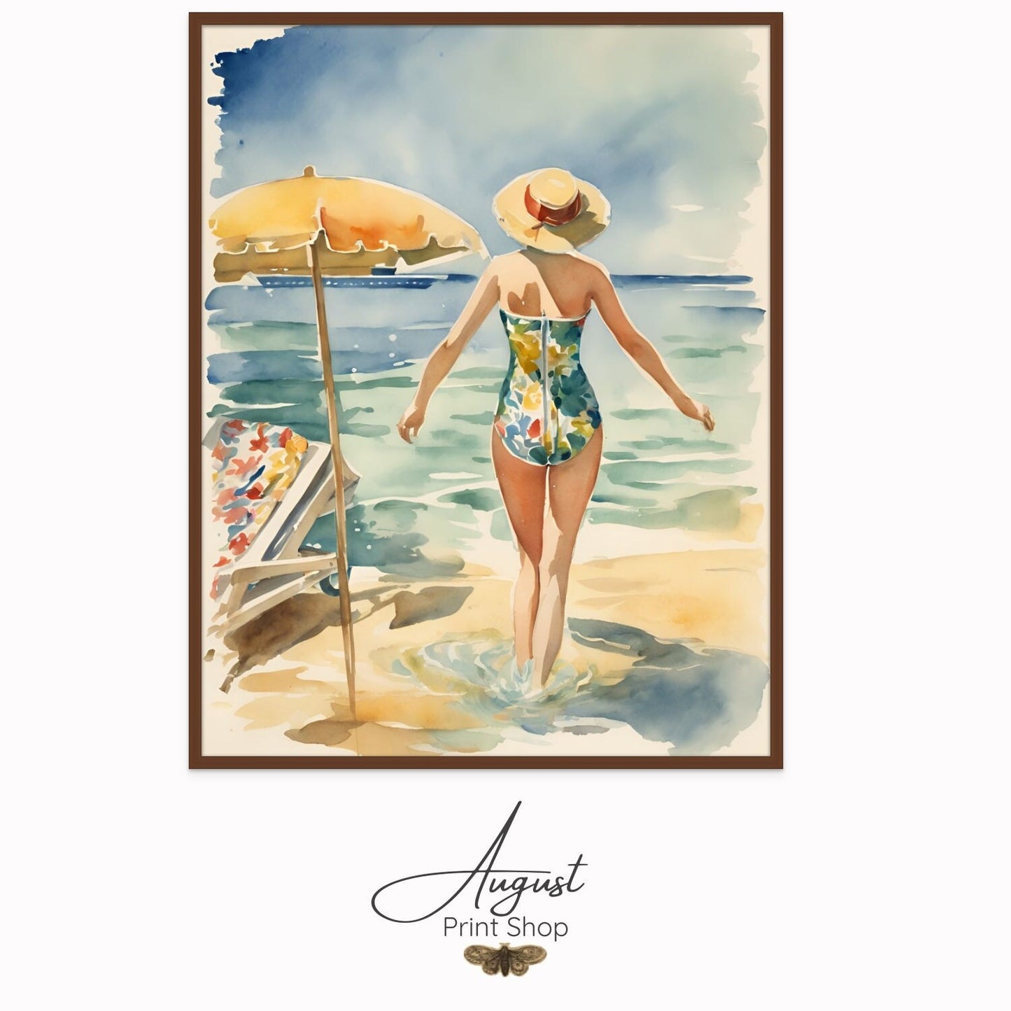 vintage style watercolor painting a woman at a beach walking into the blue water.