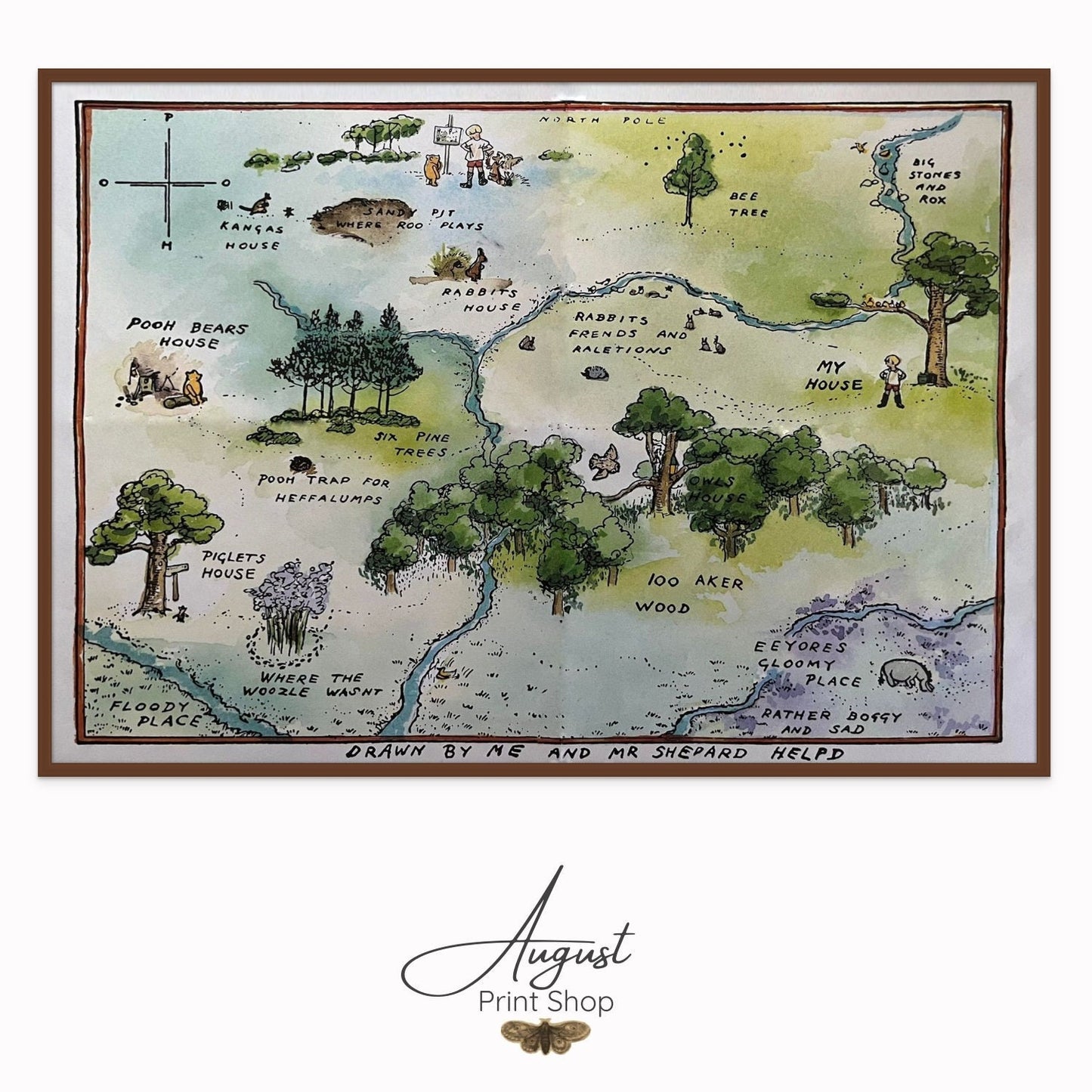 An Map of the Pooh Bear's 100 acre woods. This map features soft blue and green watercolor artwork.