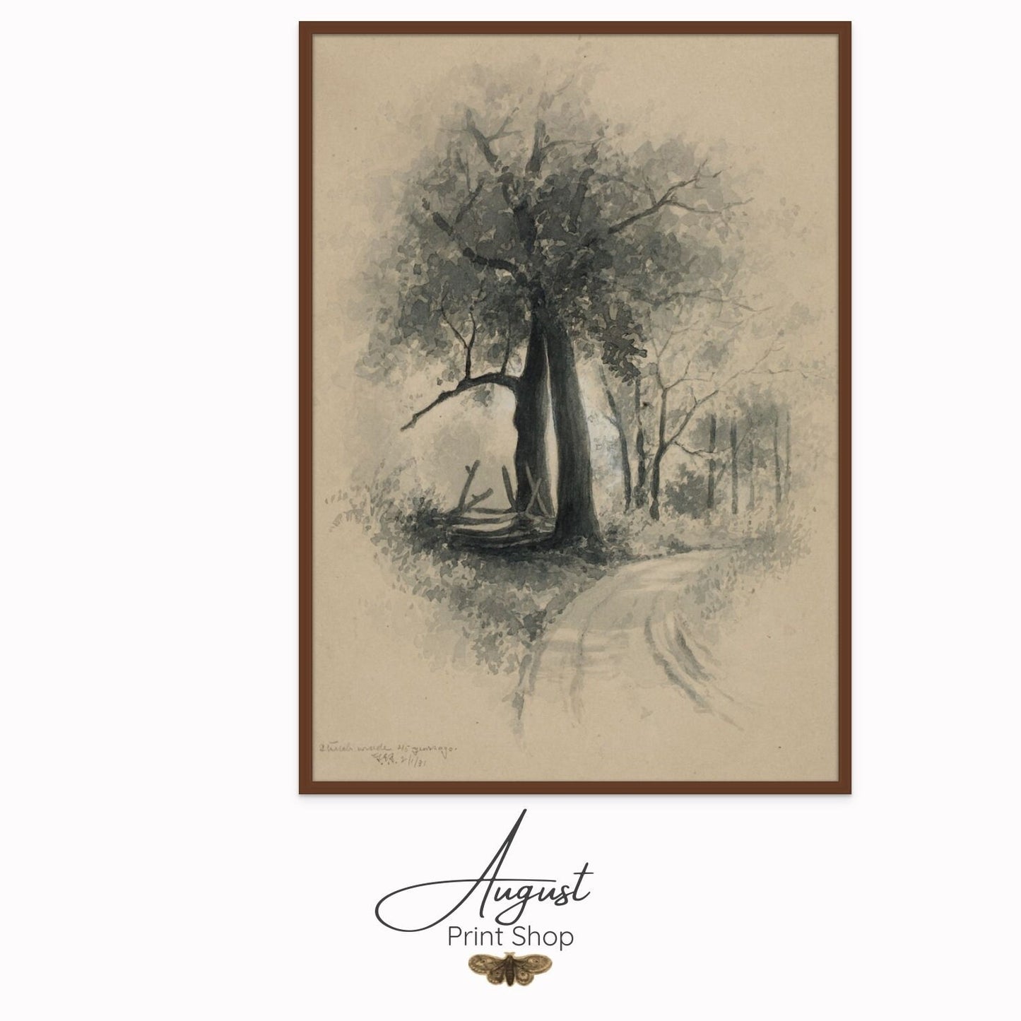 Beyond the Splitrail Fence by George Albert Burr featuring neutral colors. Black charcoal sketch ona taupe background,